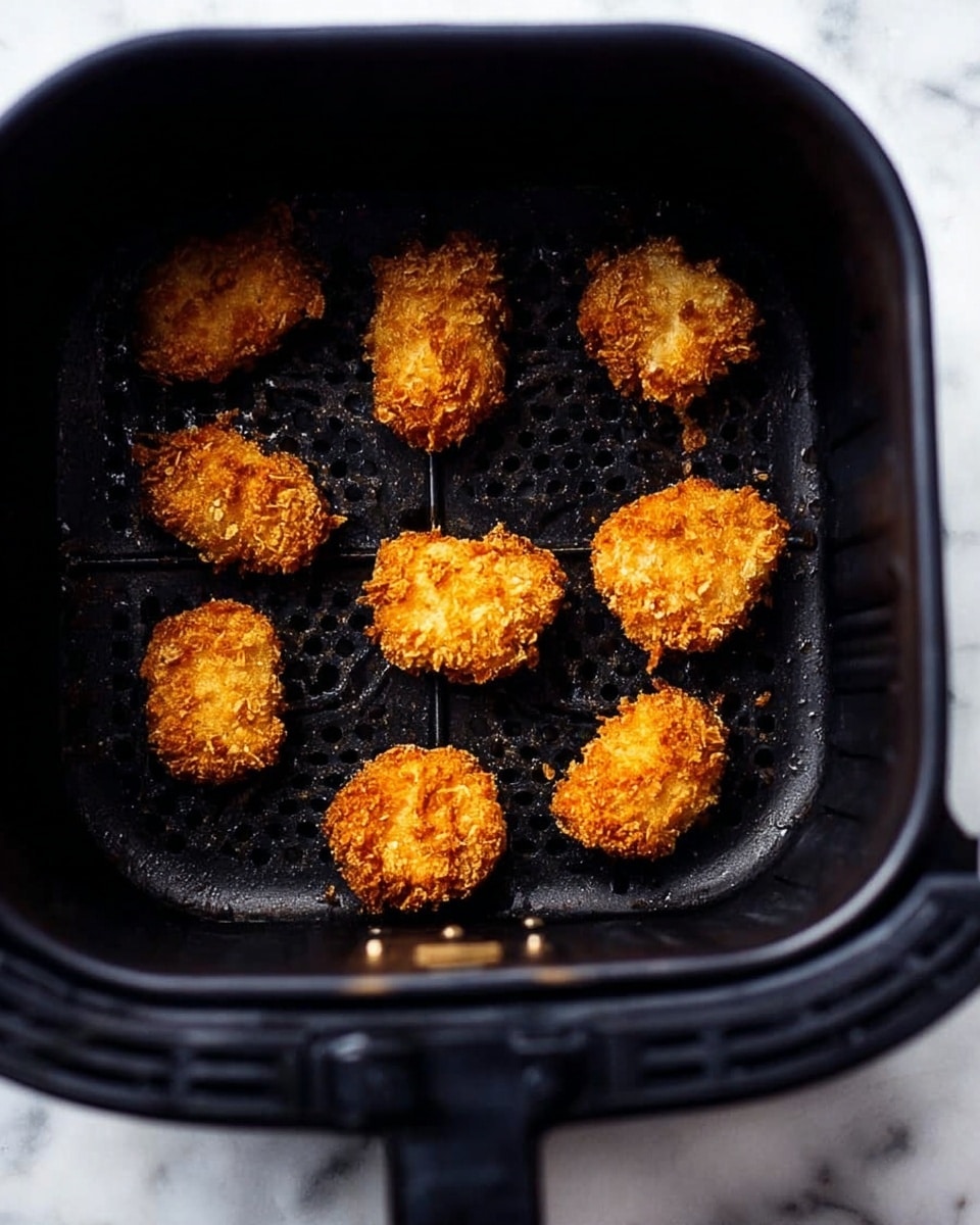 Inside a black air fryer basket, there are nine small pieces of crispy fried food arranged in an uneven pattern. Each piece is golden brown with a rough, crunchy texture and irregular shapes. The basket has a perforated surface with small holes, and the black edges curve gently upward. The background shows a white marbled surface beneath the air fryer. photo taken with an iphone --ar 4:5 --v 7