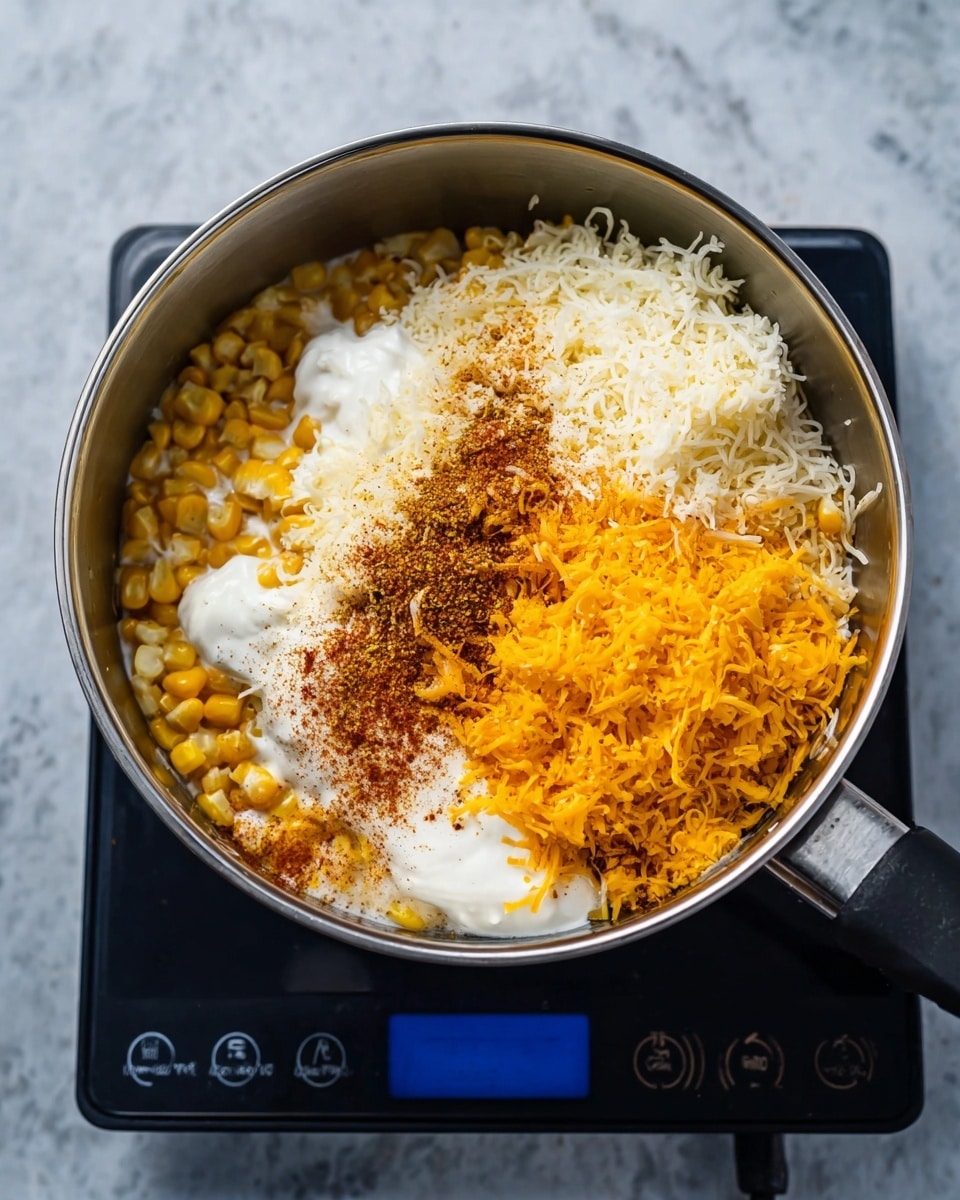 A metal saucepan holds the ingredients, sitting on a black induction cooker with a blue digital screen. Inside the saucepan, the bottom layer is small yellow corn kernels visible beneath, partly covered by a dollop of white cream on the left side. Above the cream and corn layers, there is a thick layer of white grated cheese spread across the center and left areas. On top and mostly on the right side, there is a generous layer of orange-yellow shredded cheese, sprinkled with fine brownish-red spice powder. The scene is set against a white marbled surface photo taken with an iphone --ar 4:5 --v 7