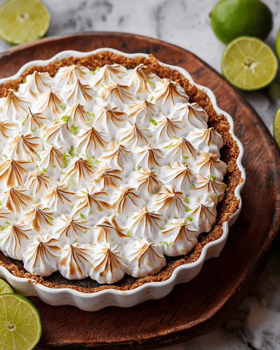 A pie with three layers is shown. The bottom layer is a thick, dark brown crust with a rough texture, shaped in a scalloped white dish. The middle layer is hidden but hinted to be under the top. The top is made of white meringue, piped into many small, fluffy peaks with brown toasted tips. Small bits of green lime zest are sprinkled over the meringue. The pie is placed on a round wooden board, with whole and halved limes around it, all on a white marbled surface. Photo taken with an iphone --ar 4:5 --v 7