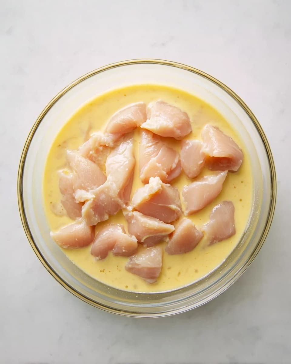 A clear glass bowl sits on a white marbled surface filled with a single layer of raw chicken pieces scattered evenly inside a pale yellow liquid mixture that partially covers each piece. The chicken pieces are light pink with smooth, moist textures, and the liquid looks creamy and slightly thick, creating a contrast between the creamy yellow and the soft pink. The bowl itself is round and transparent, showing the contents clearly with no other objects or distractions around. Photo taken with an iphone --ar 4:5 --v 7