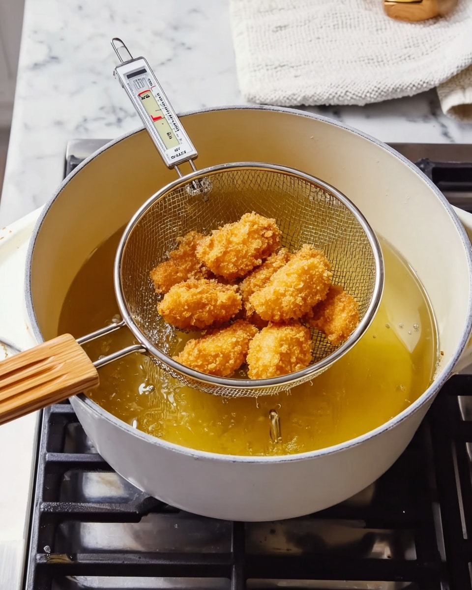 A white pot filled with golden frying oil sits on a stove with black grates. A wooden-handled metal strainer holds several pieces of golden-brown fried food above the pot. A metal thermometer is clipped to the pot, showing the oil temperature. A white marbled countertop is visible in the background with a white towel nearby. The scene shows the cooking process of frying. photo taken with an iphone --ar 4:5 --v 7