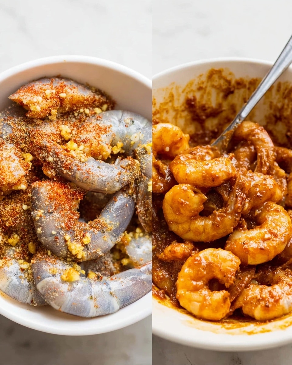 The image is split into two parts showing shrimp in white bowls. On the left side, raw shrimp are in a white bowl on a white marbled surface, covered with layers of spices including orange-red powder, black pepper, and bits of yellow garlic on top, giving a mix of rough and powdery textures over smooth shrimp. On the right side, the shrimp appear to be coated in a wet spice mix with a thick, sticky brownish-orange sauce that clings to each shrimp, creating a shiny, saucy texture. A metal spoon is inside the bowl, stirring the shrimp. The background is also a white marbled texture, and the lighting highlights the glossy and dry spice layers clearly. Photo taken with an iphone --ar 4:5 --v 7