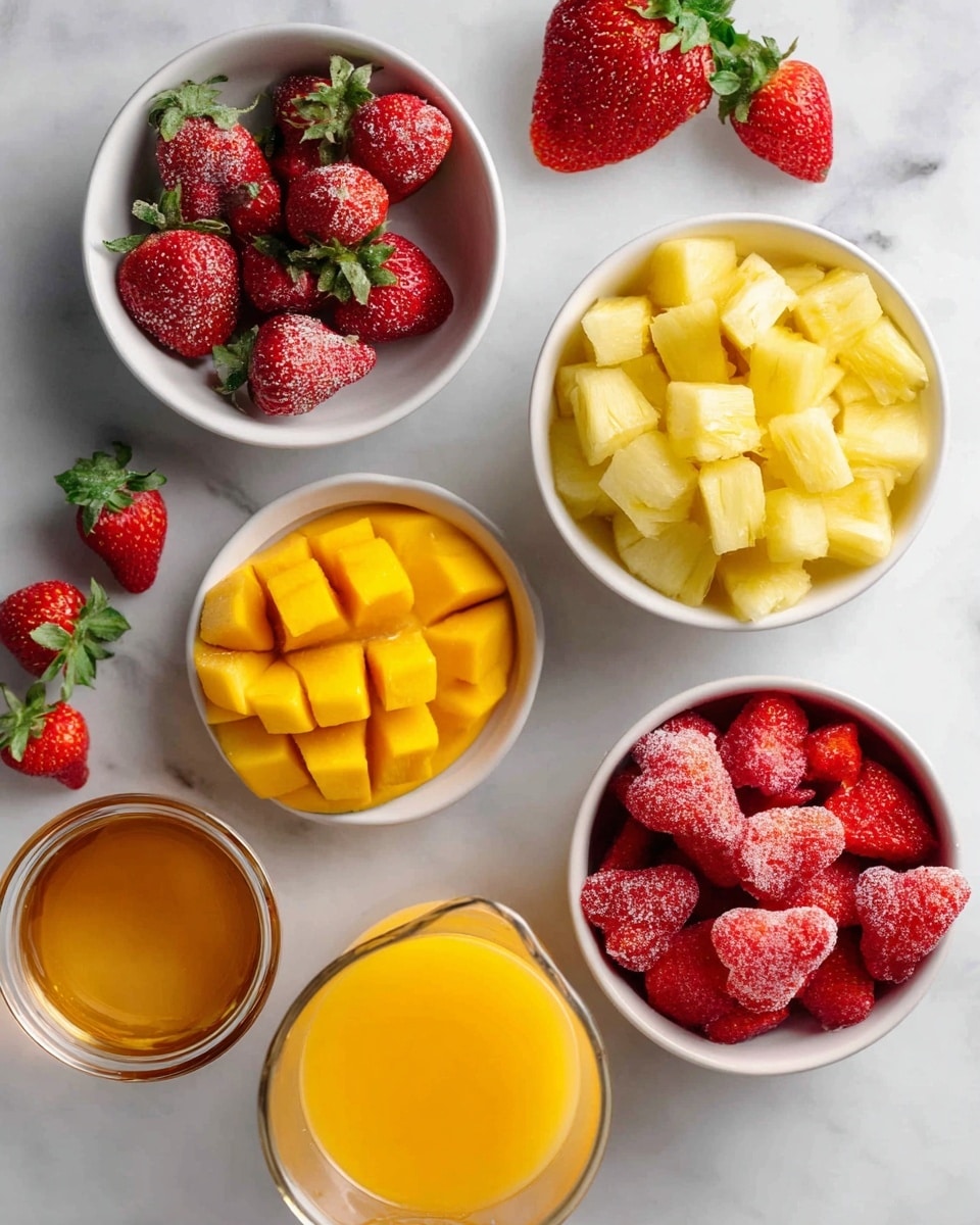 The image shows six white bowls and a glass jug arranged on a white marbled surface. Starting from the top left, a white bowl holds small whole strawberries with some green leaves around. To the right is a white bowl filled with cubed pineapple pieces. Below that, a white bowl contains frozen whole strawberries with a frosty texture. In the bottom center, another white bowl has cubed mango pieces. At the left side near the center is a small white bowl filled with honey, showing a smooth, golden liquid. Below and slightly to the left, a clear glass jug contains bright orange juice with a smooth surface. The scene includes a sliced mango and scattered strawberries placed casually around the bowls. The light and colors are bright and natural. photo taken with an iphone --ar 4:5 --v 7