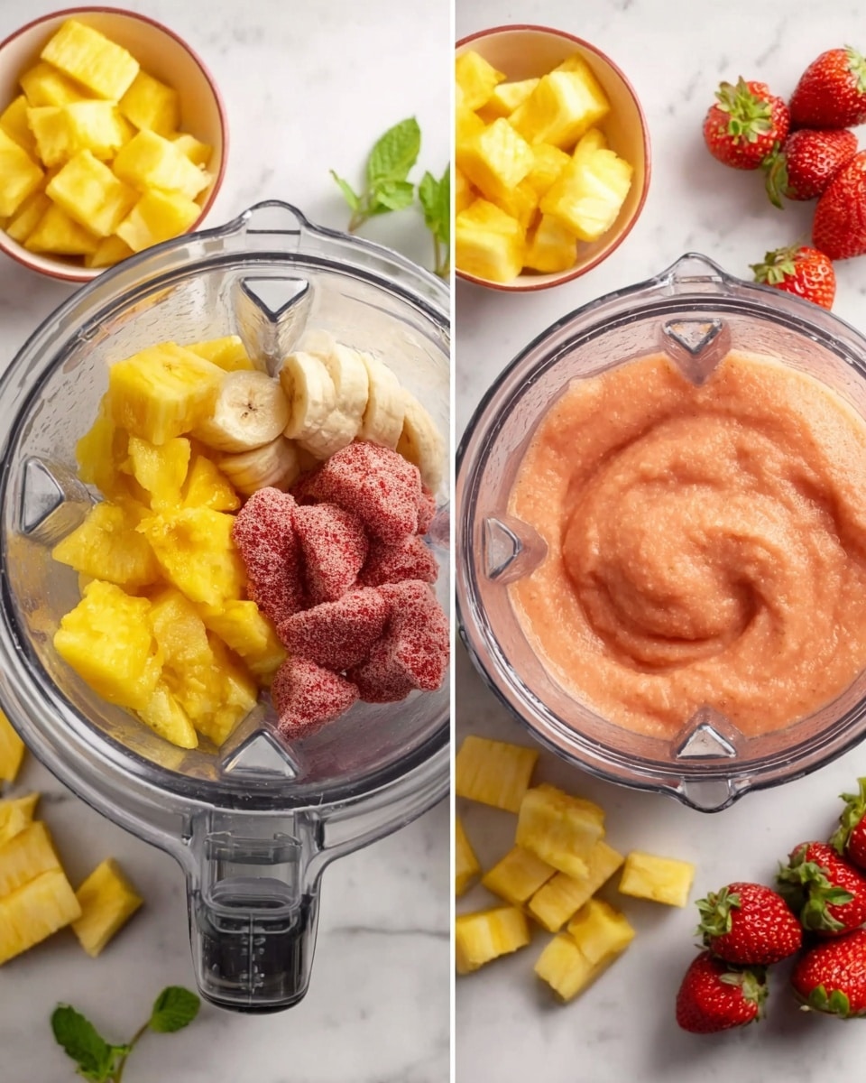 The image shows a blender on a white marbled surface from a top-down view with two stages of a fruit smoothie. On the left side, inside the blender, there are three layers of fruit: chunky yellow pineapple pieces at the bottom, some pale yellow banana slices above them, and a cluster of deep red frozen strawberries on the top. Around the blender, there are small bowls holding pineapple pieces and sliced mango along with some green mint leaves and whole strawberries scattered on the surface. On the right side, the blender shows the mixed smoothie, which is a smooth pinkish-orange color with a creamy texture filling the container evenly. Photo taken with an iphone --ar 4:5 --v 7