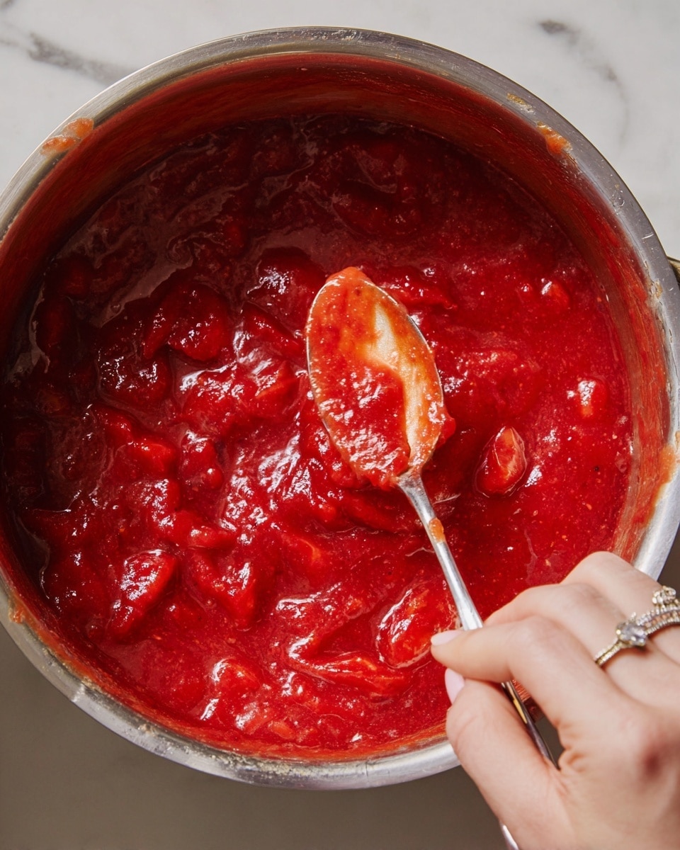 The image shows a close-up of a pot filled with a thick red sauce containing chunks and smooth areas, showing a mix of dark and bright red colors. A woman's hand with a ring is holding a spoon that scoops some of the sauce, which has a shiny, slightly wet texture. The pot has a metallic silver edge and the scene is set against a white marbled surface. photo taken with an iphone --ar 4:5 --v 7