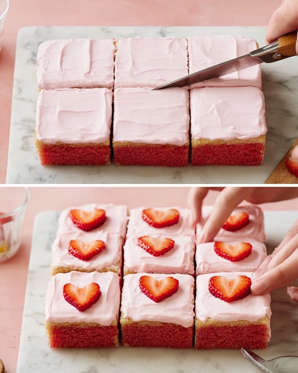 The image shows two stages of preparing a dessert with a square red cake base on a white marbled surface. The first part shows a woman's hand using a knife to make straight cuts through the cake, which is covered with a smooth, light pink icing layer that evenly coats the top. The second part reveals the cake divided into square pieces, each topped with a small heart-shaped strawberry slice arranged on top of the pink icing, and a woman's hand placing one of the strawberry pieces carefully on the cake. Photo taken with an iphone --ar 4:5 --v 7