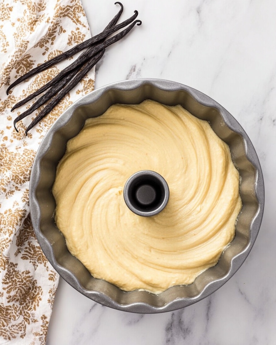 A gray Bundt pan filled with smooth, pale yellow cake batter, evenly spread to the edges and swirling slightly in the middle around the tube center. Near the top left corner of the image, there are four long, dark brown vanilla pods lying side by side. In the upper left corner, a cream and brown patterned kitchen towel is partially visible. The entire setup is on a white marbled surface. photo taken with an iphone --ar 4:5 --v 7