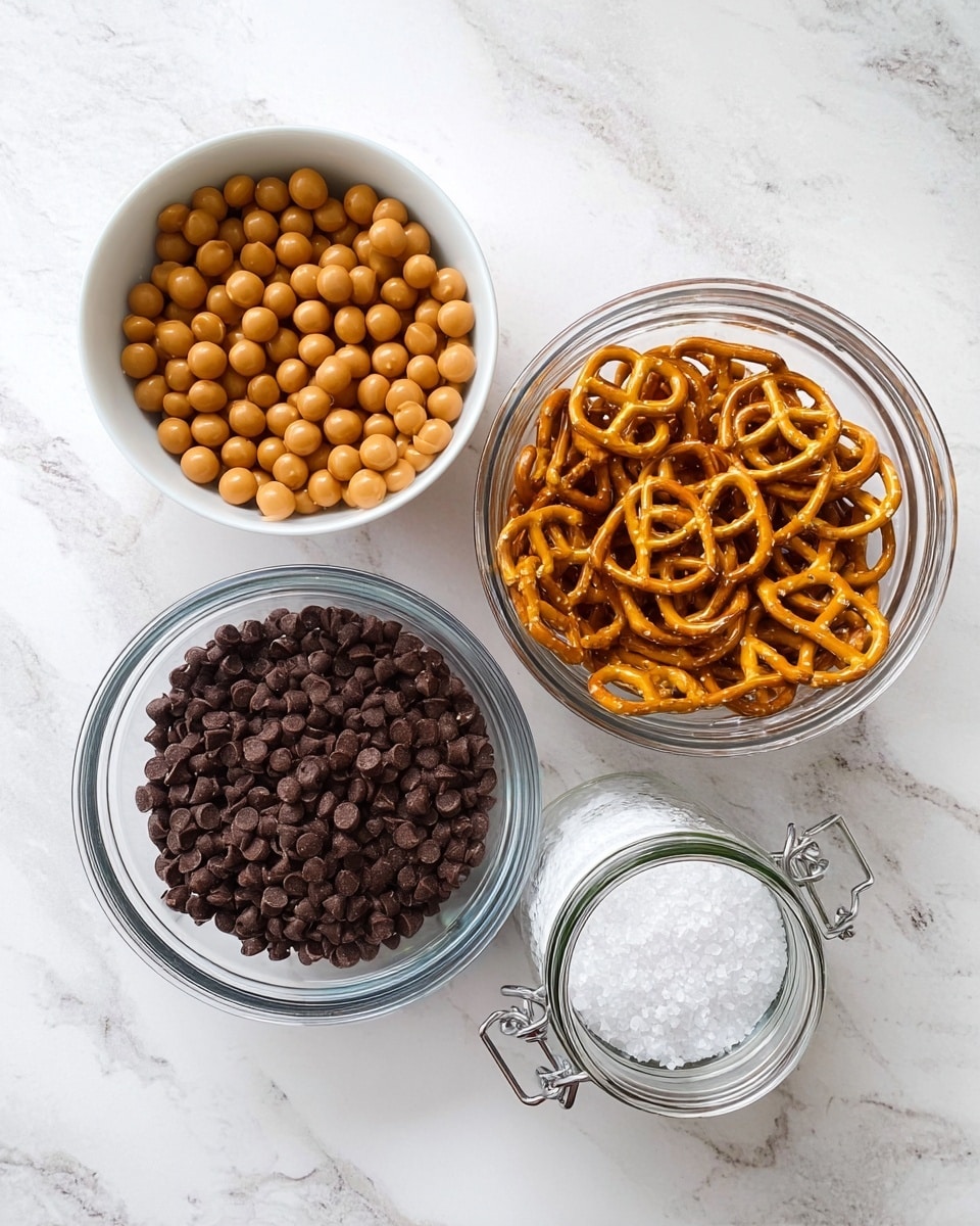 The image shows four containers on a white marbled surface: a white bowl filled with small, round caramel-colored candies in the top left; a clear glass bowl filled with golden brown pretzels in the top right; a smaller clear glass bowl filled with dark chocolate chips in the bottom right; and a small glass jar with a metal clasp, filled with white coarse salt in the bottom left. All containers are neatly arranged, providing clear color and texture contrast between the smooth candies, crunchy pretzels, shiny chocolate chips, and crystalline salt. photo taken with an iphone --ar 4:5 --v 7