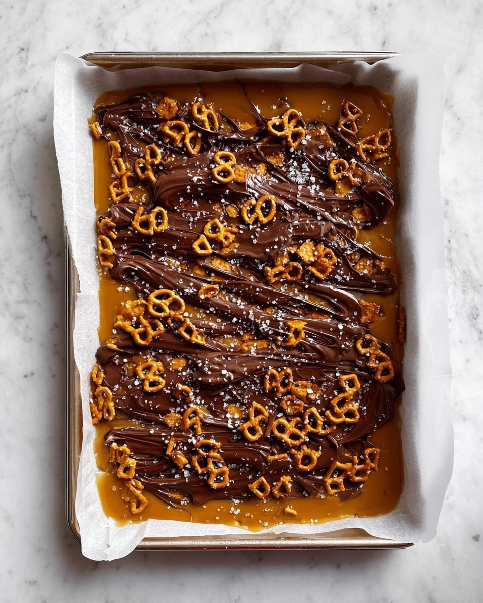 The image shows a baking tray lined with white parchment paper on a white marbled surface. Inside the tray, there is a layer of small pretzels spread out evenly, their golden brown color visible. On top of these pretzels, there is a thick layer of smooth caramel, a rich golden amber color, covering most of the pretzels but leaving some edges exposed. Drizzled over the caramel is a glossy dark chocolate layer, spread unevenly with visible swirls and streaks, giving texture and shine. There are scattered flakes of coarse salt over the top, adding small white highlights. The overall look is a mix of shiny chocolate, amber caramel, and crunchy pretzels in a white tray. photo taken with an iphone --ar 4:5 --v 7