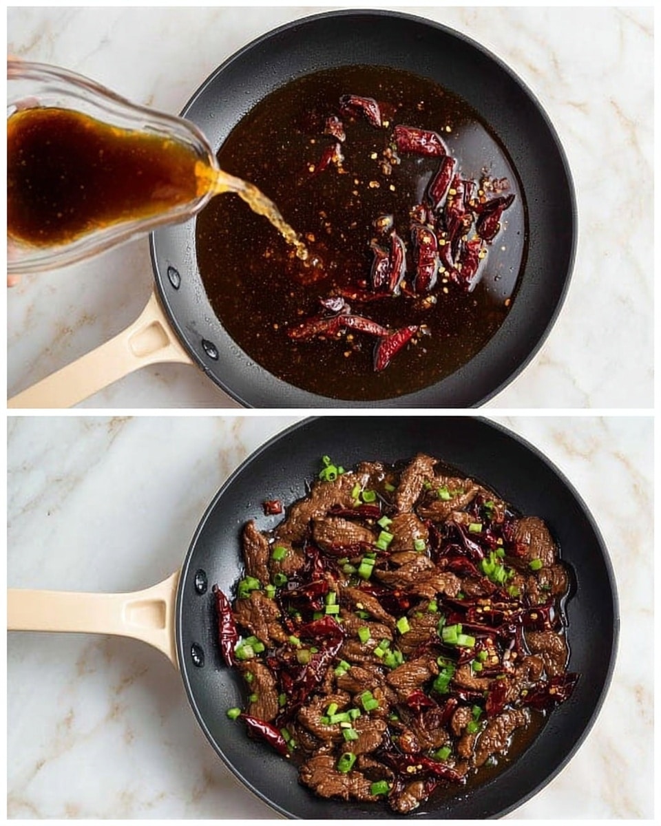 The images show a round pan with a light-colored handle sitting on a white marbled surface. In the first image, a dark brown sauce with small red chili flakes and several dried red chili pieces is being poured into the pan. The sauce looks shiny and slightly thick. In the second image, cooked strips of dark brown meat sit in the same dark sauce, with pieces of dried red chili mixed in. Bright green chopped scallions are sprinkled on top, adding contrast. The pan has a black inner surface that makes the sauce and meat stand out clearly. Photo taken with an iphone --ar 4:5 --v 7