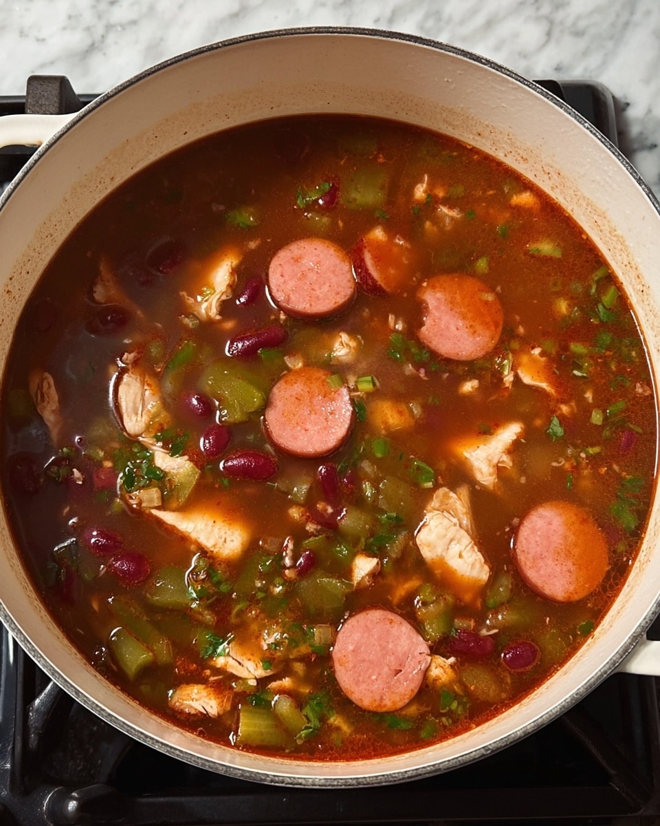 A large white pot filled with a soup that has a clear reddish-brown broth. Inside the broth, there are several slices of pinkish sausage floating on the top right, along with light beige chunks of chicken scattered throughout. Green pieces of celery and small red kidney beans are mixed evenly in the soup. The broth has a slight oil shine on the surface, and the pot is placed on a stove with a black burner and a white marbled background. Photo taken with an iphone --ar 4:5 --v 7