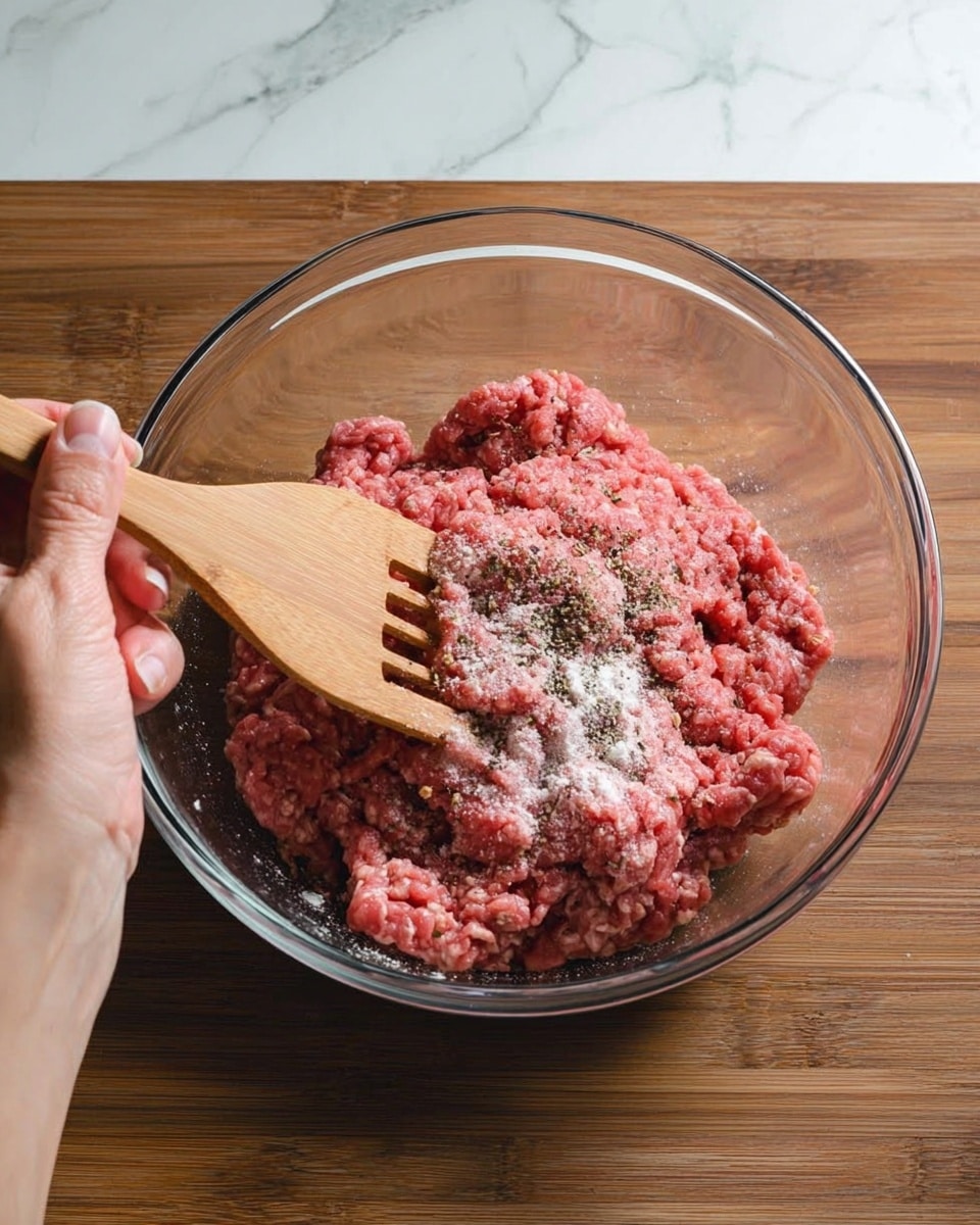 A transparent glass bowl filled with raw ground meat seasoned with white salt and black pepper, showing a mix of red and pink colors with a textured surface. The bowl is held by a woman's hand at the bottom left, while a wooden spatula stirs the ingredients from the top right. The background is a white marbled surface with a hint of a wooden floor visible. Photo taken with an iphone --ar 4:5 --v 7