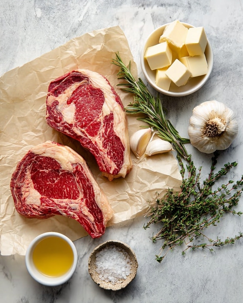 Two raw ribeye steaks with a mix of red meat and white fat marbling rest on crumpled parchment paper on a white marbled surface. To their right, sprigs of fresh rosemary and thyme lay near a whole garlic bulb with several loose cloves. Nearby, a small white bowl holds pale yellow cubes of butter, while a small white cup contains a light golden liquid, likely oil. In front of these, a small rustic bowl holds coarse salt. The arrangement is simple and natural, with a rustic feel. Photo taken with an iphone --ar 4:5 --v 7