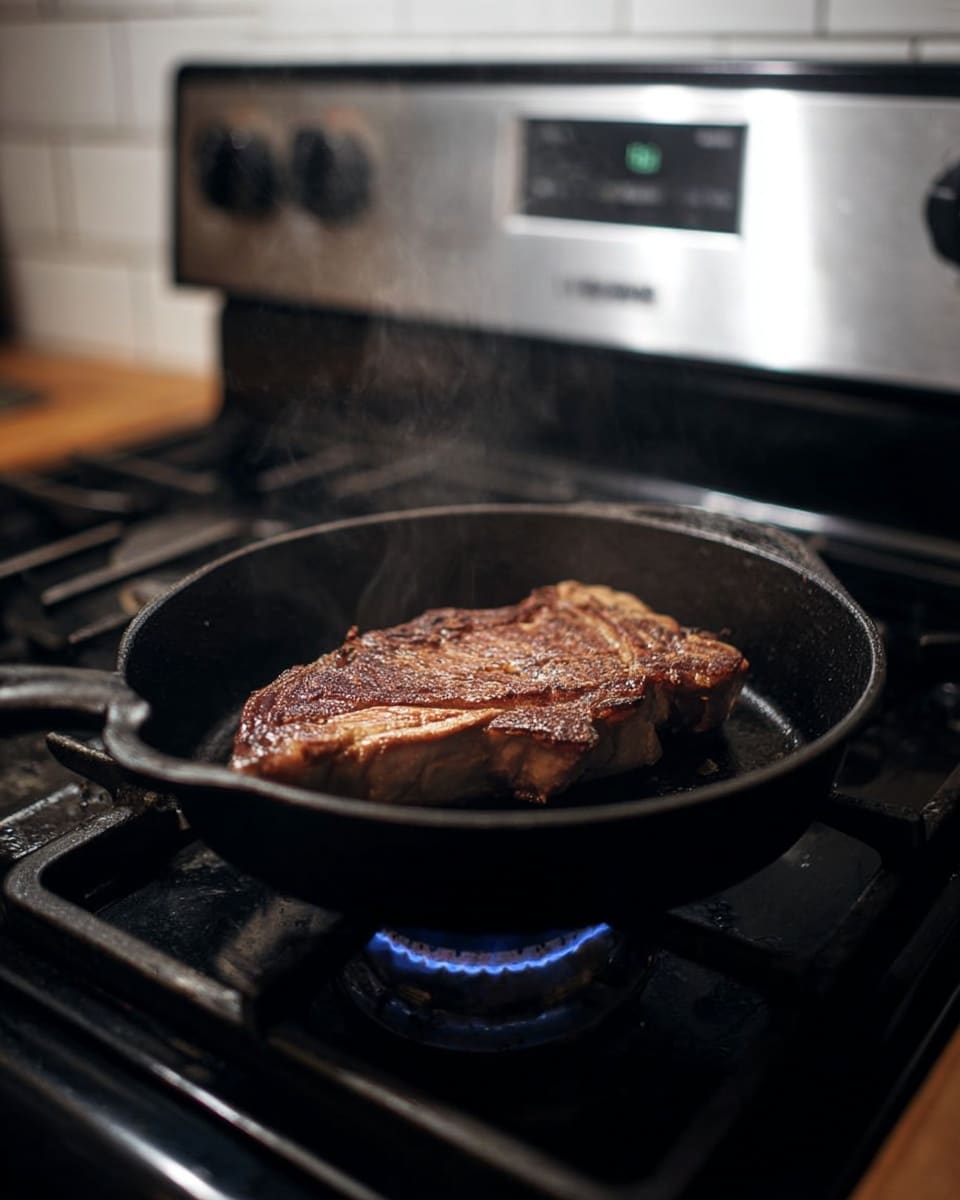 A single thick piece of brown, grilled meat with slight charring sits in the center of a black cast-iron pan. The pan is on a lit gas stove burner with a blue flame visible below. Faint steam rises from the meat, indicating it is hot. The stove background features a dark surface with a stainless steel control panel and white tiled wall behind. The scene feels warm and homey, focused closely on the meat cooking. photo taken with an iphone --ar 4:5 --v 7