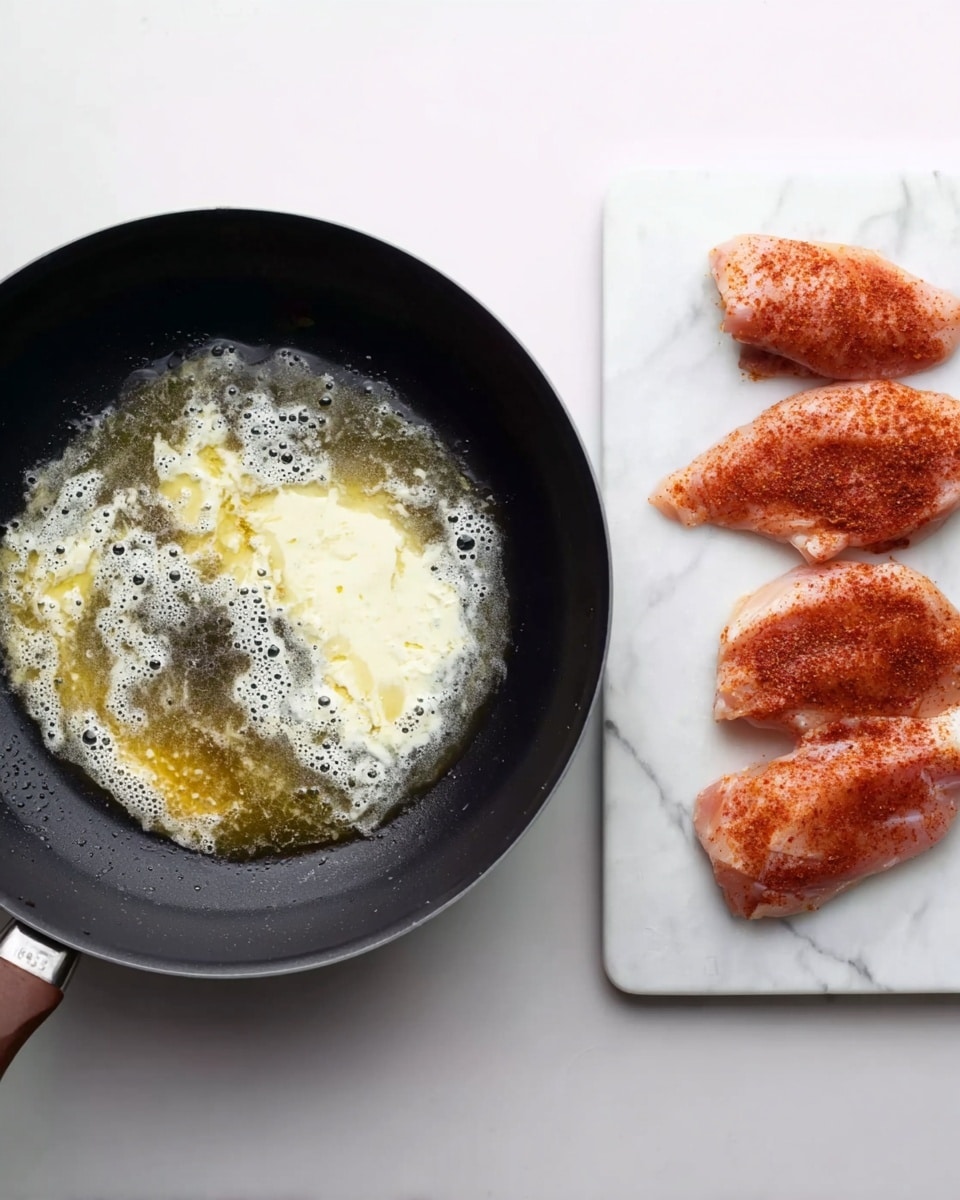 The image shows a black frying pan on the left side with some melted butter spread unevenly in the center, creating a creamy white and yellow texture with bubbly edges. On the right side, there is a white cutting board on a white marbled texture, holding three raw chicken pieces lined up vertically, each coated with a reddish spice rub giving a slightly rough texture. The overall scene is clean and bright with simple food preparation in progress. photo taken with an iphone --ar 4:5 --v 7