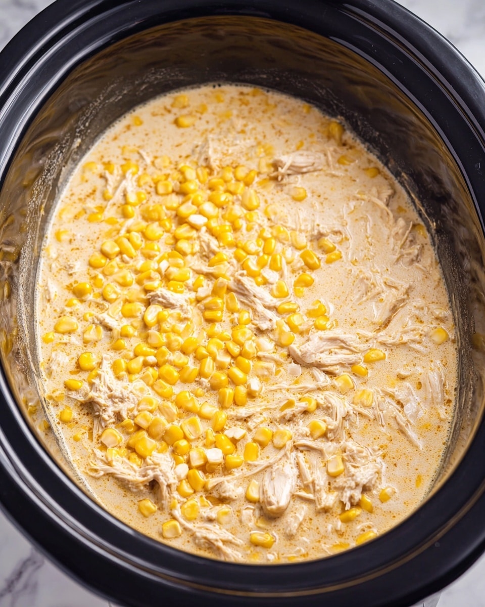 The image shows a close-up of a black slow cooker filled with a creamy mixture. The top layer is a light beige creamy sauce with small white bits scattered throughout. Mixed in are bright yellow corn kernels spread evenly across the surface. There are also pieces of shredded light brown chicken partially submerged in the creamy layer, spaced mostly towards the right and center. The inside of the slow cooker has smooth black edges, and the background surface is a white marbled texture. photo taken with an iphone --ar 4:5 --v 7