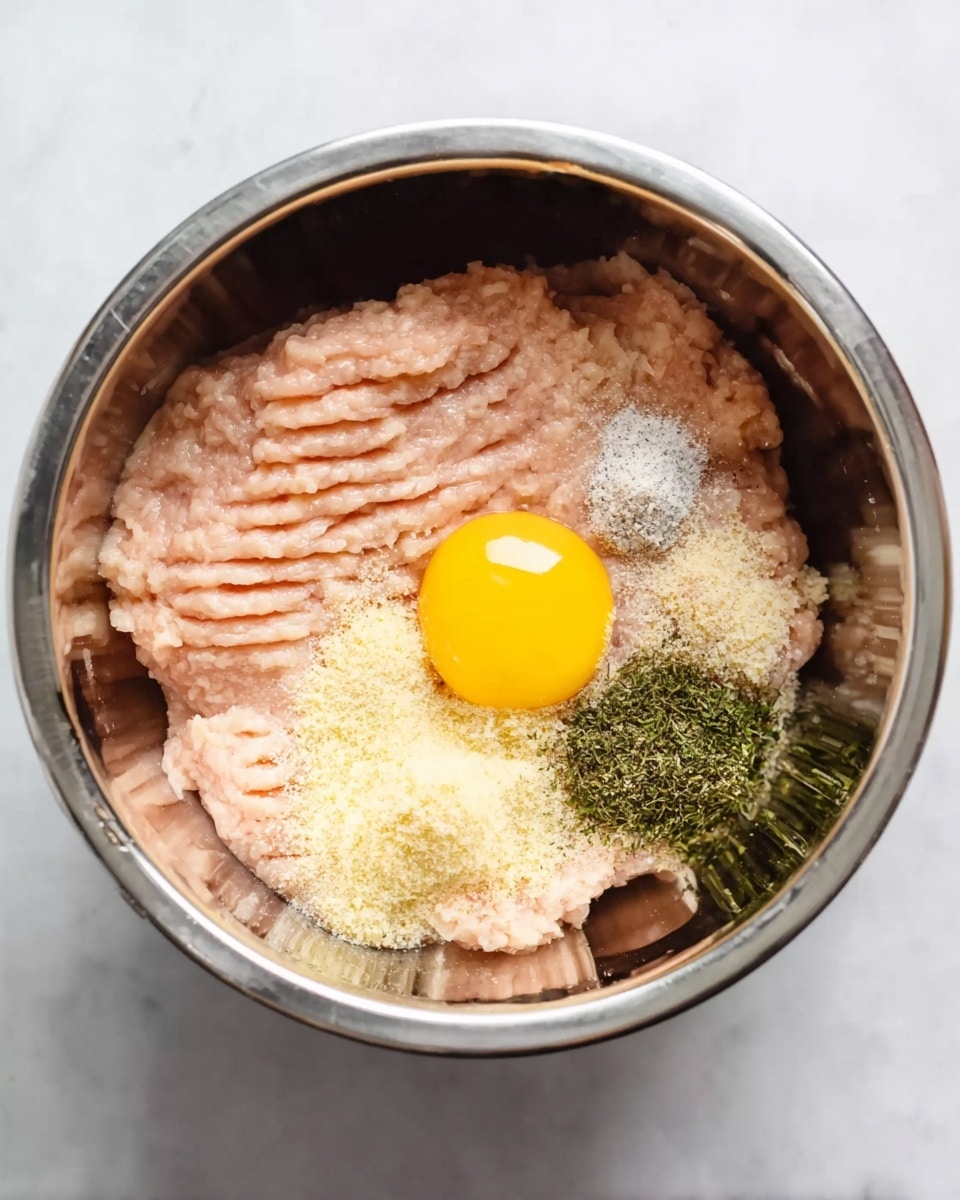Inside a shiny steel bowl, there is a raw, pale pink layer of ground chicken shaped flat with lined texture on one side. On top of the chicken, a whole bright yellow egg yolk sits near the center. Around the egg yolk, there are small piles of white, light brown breadcrumbs, black pepper, and green dried herbs, all unevenly spread. The bowl rests on a white marbled surface. photo taken with an iphone --ar 4:5 --v 7