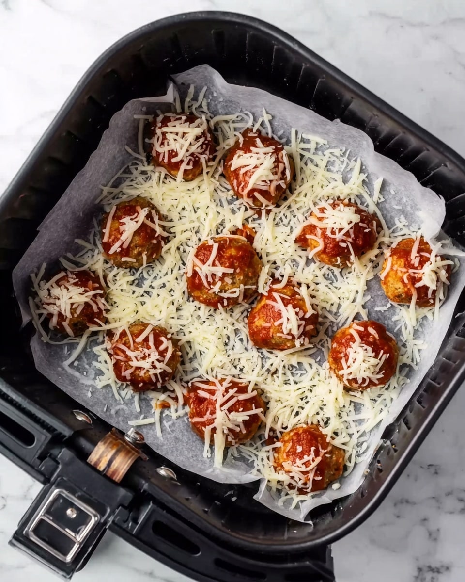 The image shows an air fryer basket lined with white parchment paper, filled with small round balls covered with red sauce and shredded white cheese. The balls are evenly spaced in three rows, and the cheese is sprinkled on top and around the balls, some melting slightly. The basket is black with a shiny metallic texture inside, and the background is a white marbled surface. photo taken with an iphone --ar 4:5 --v 7