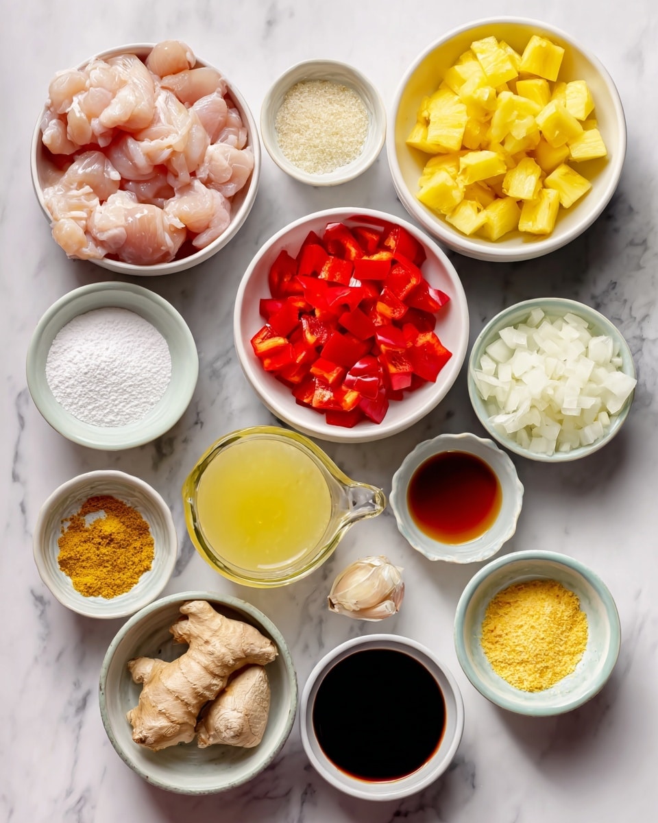 The image shows multiple small white bowls arranged on a white marbled surface, each containing a different ingredient. Starting from the top left, there is a bowl filled with pale pink raw chicken pieces, below it a bowl with bright red chopped red bell pepper, and next to that a bowl with white chopped onion. On the top right side, a bowl holds bright yellow pineapple chunks. Scattered around are smaller bowls containing white cornstarch, beige garlic powder, golden yellow olive oil, amber honey, light yellow rice vinegar, dark brown soy sauce, minced yellow ginger, and finely chopped pale yellow garlic. Additionally, a clear measuring cup filled with light yellow pineapple juice is placed on the left side. The overall presentation is neat, colorful, and vibrant, showing fresh and raw ingredients in clear portions. Photo taken with an iphone --ar 4:5 --v 7
