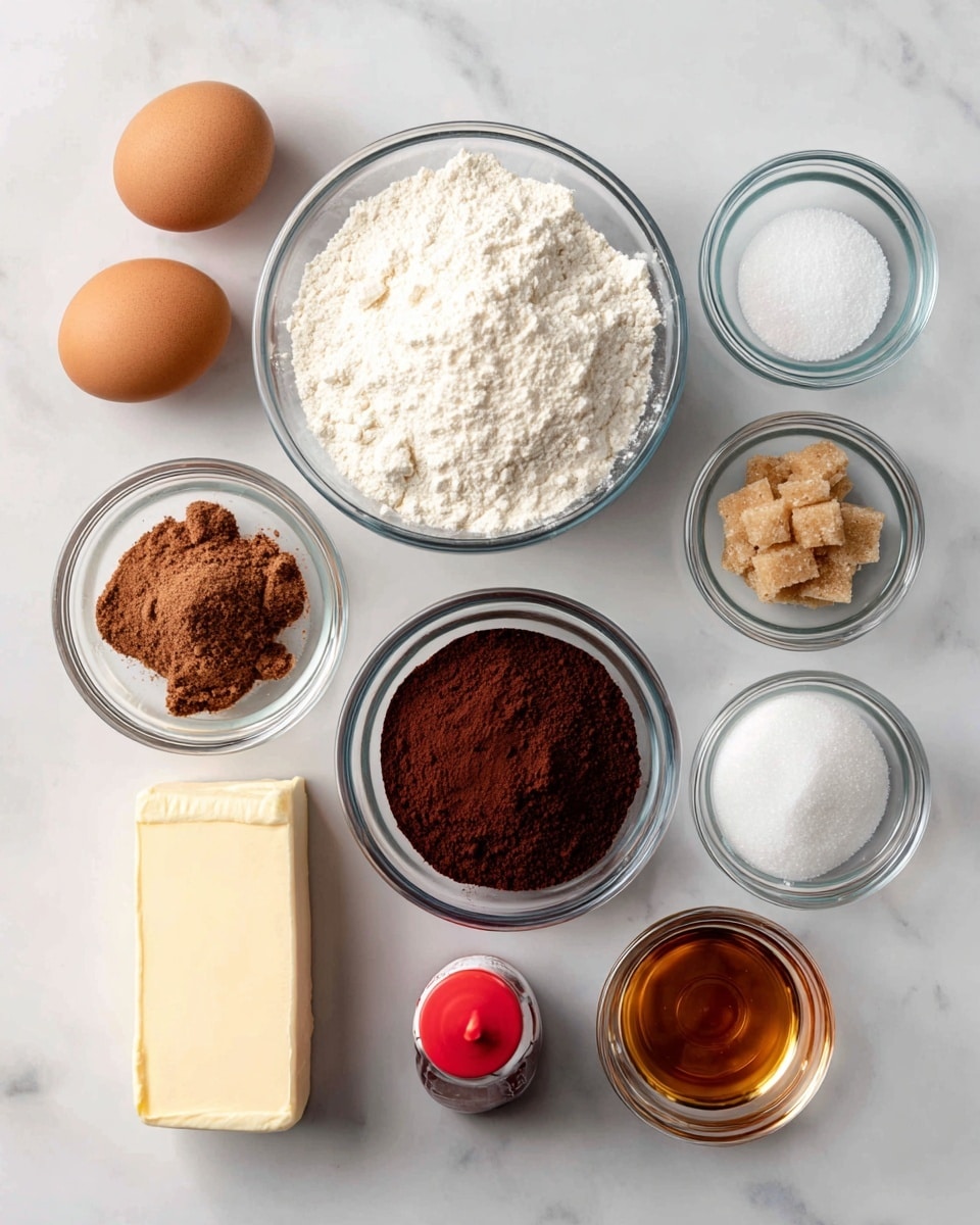 The image shows several ingredients placed neatly on a white marbled surface. There are two brown eggs on the left. Above the eggs, there is a clear round bowl filled with white flour, while to its right, another clear bowl holds white sugar. Below the flour bowl, a clear bowl contains coarse brown sugar. To the right of the brown sugar is a small clear bowl with white salt, and above salt is a small clear bowl with white baking soda. Below the brown sugar bowl, a clear bowl filled with dark brown cocoa powder is present. At the bottom left, a stick of unsalted butter with a beige wrapper lies horizontally. Next to the butter, a small bottle of red food coloring stands upright. To the right of the coloring bottle, a small clear bowl has a golden amber liquid of vanilla. Each ingredient is spaced out evenly with clear labels above or near them. Photo taken with an iphone --ar 4:5 --v 7
