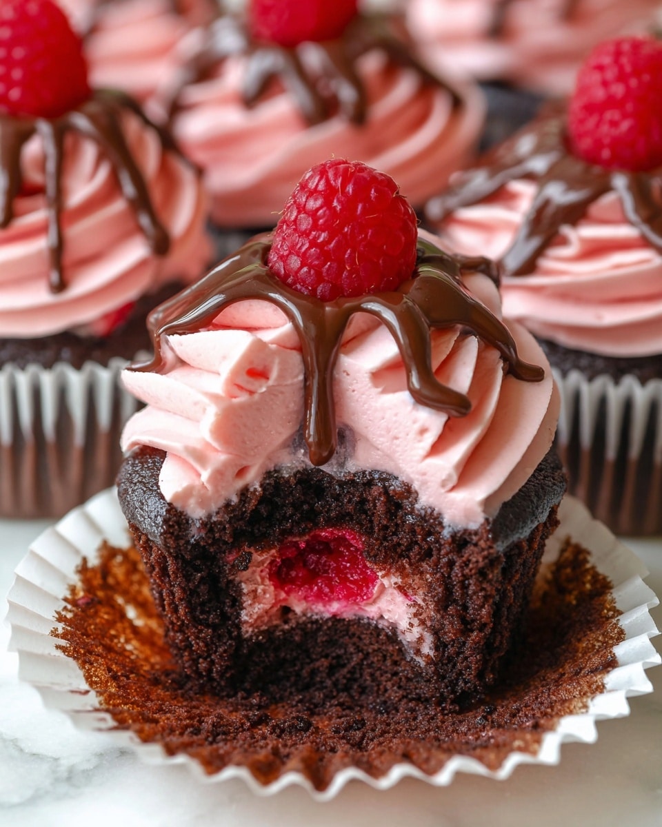 A close-up view of a chocolate cupcake with three main layers: the bottom is dark, moist chocolate cake, the middle shows a bright red raspberry filling inside the cake, and the top layer has thick, swirled pink frosting with a smooth, creamy texture. On top of the frosting, there is a shiny dark chocolate drizzle flowing over the pink cream and a fresh red raspberry placed at the center. The cupcake wrapper is removed halfway, showing its white paper liner with edges spread out below the cupcake. In the background, there are more cupcakes with the same pink frosting, chocolate drizzle, and raspberry toppings, all placed on a white marbled surface. photo taken with an iphone --ar 4:5 --v 7