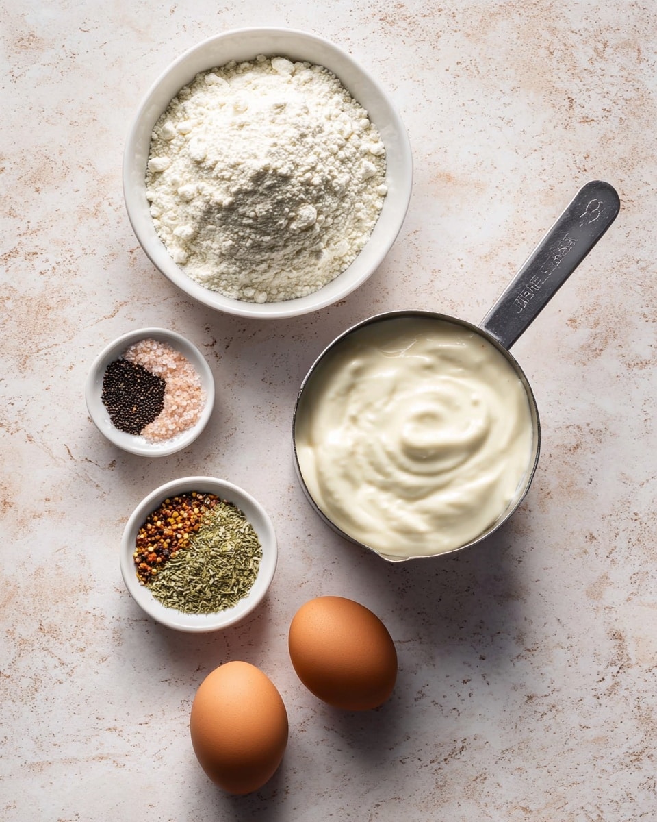 Several baking ingredients are placed on a white marbled surface. At the top center is a small white bowl filled with fine white flour. Below and slightly to the right, there is a metal measuring cup filled with thick, creamy white yogurt. To the right of the cup, two brown eggs rest side by side. Near the bottom left, a small white bowl contains four different spices or seasonings divided into sections: pink salt, green herb flakes, and two mixed colorful spice blends with black, white, and orange pieces. The setup is simple and clean with soft even lighting, photo taken with an iphone --ar 4:5 --v 7