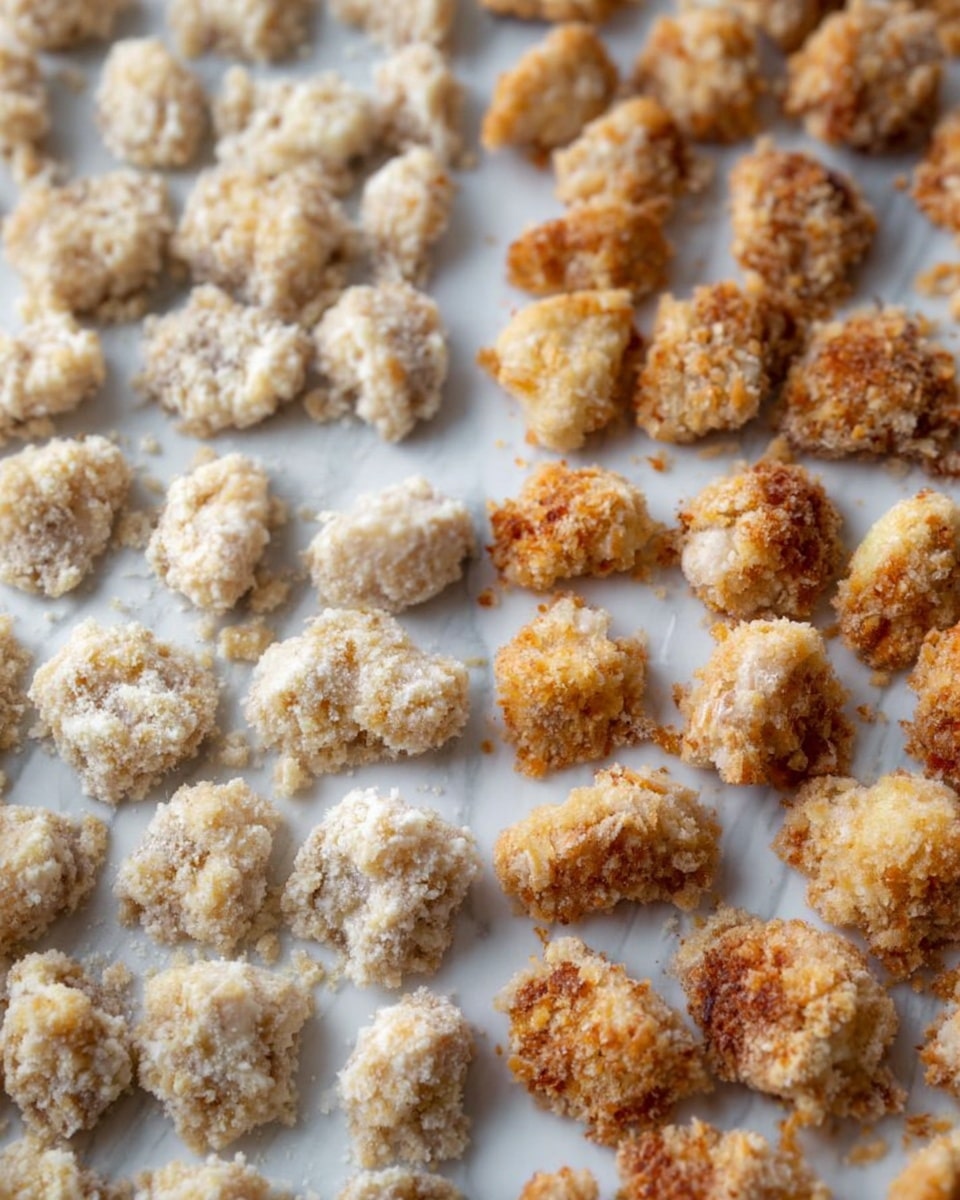 The image shows small pieces of food spread out in rows on a white marbled surface. On the left side, the pieces are coated thickly with a pale off-white batter that looks soft and rough in texture. On the right side, the pieces have a golden brown crust that looks crispy and crunchy, with some light and darker spots giving a toasted effect. The pieces are small and irregular in shape, and they appear to be arranged to show the difference between the raw batter stage and the cooked, crispy stage. Photo taken with an iphone --ar 4:5 --v 7