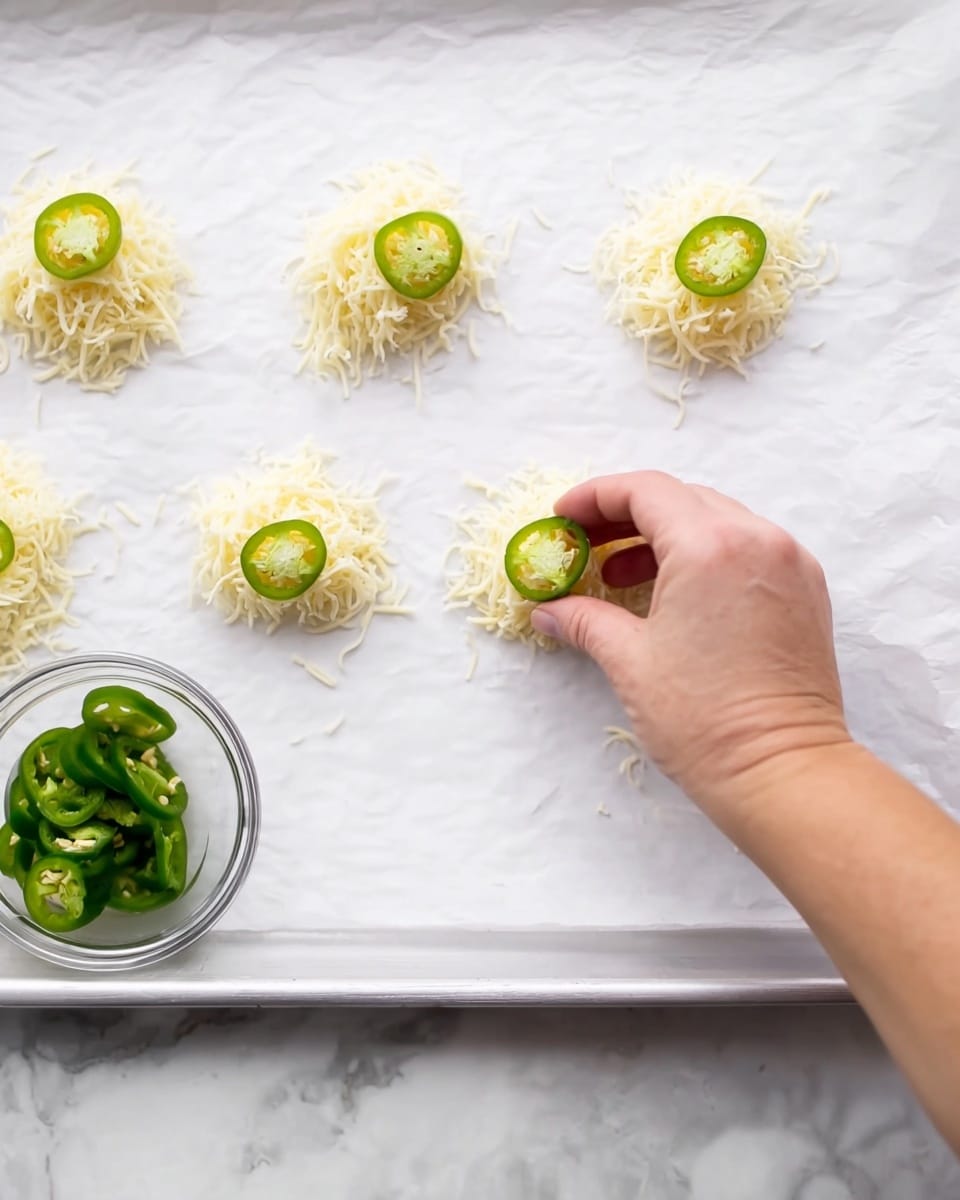 The image shows a white marbled surface with a white tray on it, lined with white parchment paper. On the paper, there are five small round piles of shredded cheese, each pale yellow and soft in texture. A woman's hand is placing a bright green jalapeño slice on the center of one cheese pile, adding a pop of color. Nearby, there is a small clear glass bowl filled with more jalapeño slices, ready to be added. The scene captures the start stage of arranging ingredients for baking, with clear focus on the cheese layers and jalapeño slices. Photo taken with an iphone --ar 4:5 --v 7