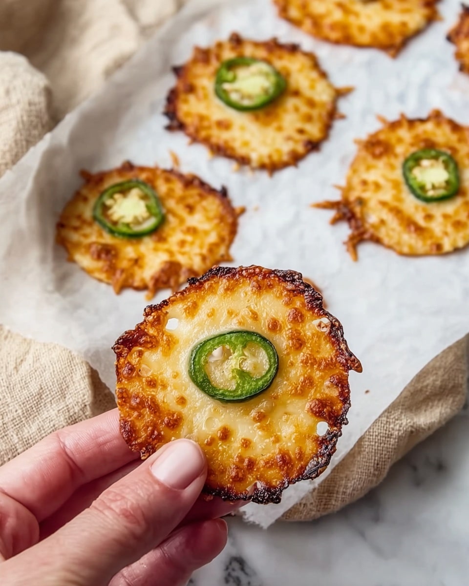 A close-up of a woman's hand holding a round, crispy cheese chip with a golden brown edge and a slice of green jalapeño in the center. Several more cheese chips are placed on white parchment paper in the background, each topped with a similar jalapeño slice. A white marbled surface is partly visible beneath a beige cloth, adding softness to the scene. The cheese chips have a bubbly, textured surface with varying shades of toasted yellow and brown. Photo taken with an iphone --ar 4:5 --v 7