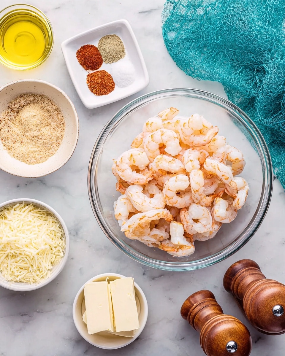 A clear glass bowl filled with a single layer of small cooked shrimp, pale pink with white accents, sits in the center on a white marbled surface. Surrounding it are various small white bowls and containers, each holding different ingredients: a square white bowl with four spices arranged in small piles—light brown, dark brown, white, and bright red—one round white bowl with grated cheese, another round white bowl with light brown breadcrumbs, and a clear round bowl with two white sticks of butter. There is also a small clear jar filled with light yellow oil and two wooden pepper mills to the right. A turquoise cloth is partially visible in the upper right corner. Photo taken with an iphone --ar 4:5 --v 7