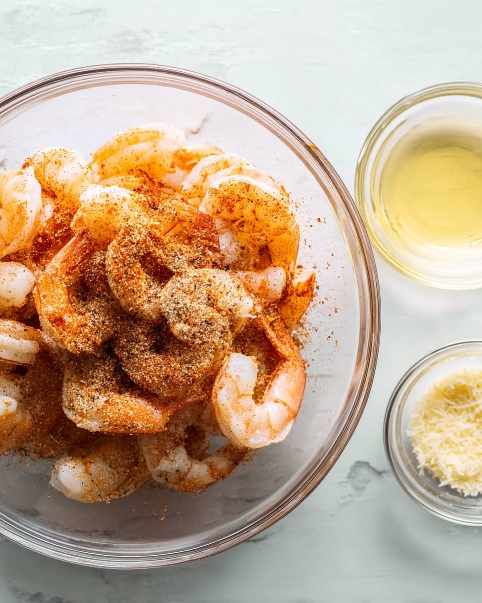 A clear glass bowl sits on a white marbled surface, filled with peeled, uncooked shrimp. The shrimp are covered with bright red and dark brown spices sprinkled unevenly over the top, creating a mix of light and dark orange shades. To the right of the bowl, two small clear glass containers hold a light yellow liquid and a pale grated ingredient, both slightly out of focus. The overall setting is bright with natural light. photo taken with an iphone --ar 4:5 --v 7