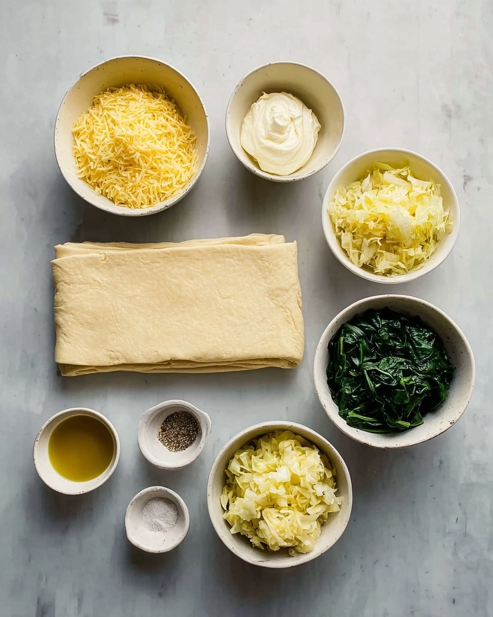 The image shows seven containers arranged neatly on a white marbled surface. At the bottom center, there is a rectangular sheet of light beige dough folded in layers. Above this dough, on the left is a white bowl filled with grated yellow cheese, next to it is a small white bowl with a dollop of creamy white sauce, and further right is a white bowl containing a heap of shredded pale yellow cooked cabbage. Below these, to the left is a small white cup with a golden liquid, likely oil, next to it is another small white bowl holding black pepper and salt. On the right side is a white bowl filled with dark green cooked spinach. The bowls are arranged to show all ingredients clearly. Photo taken with an iphone --ar 4:5 --v 7