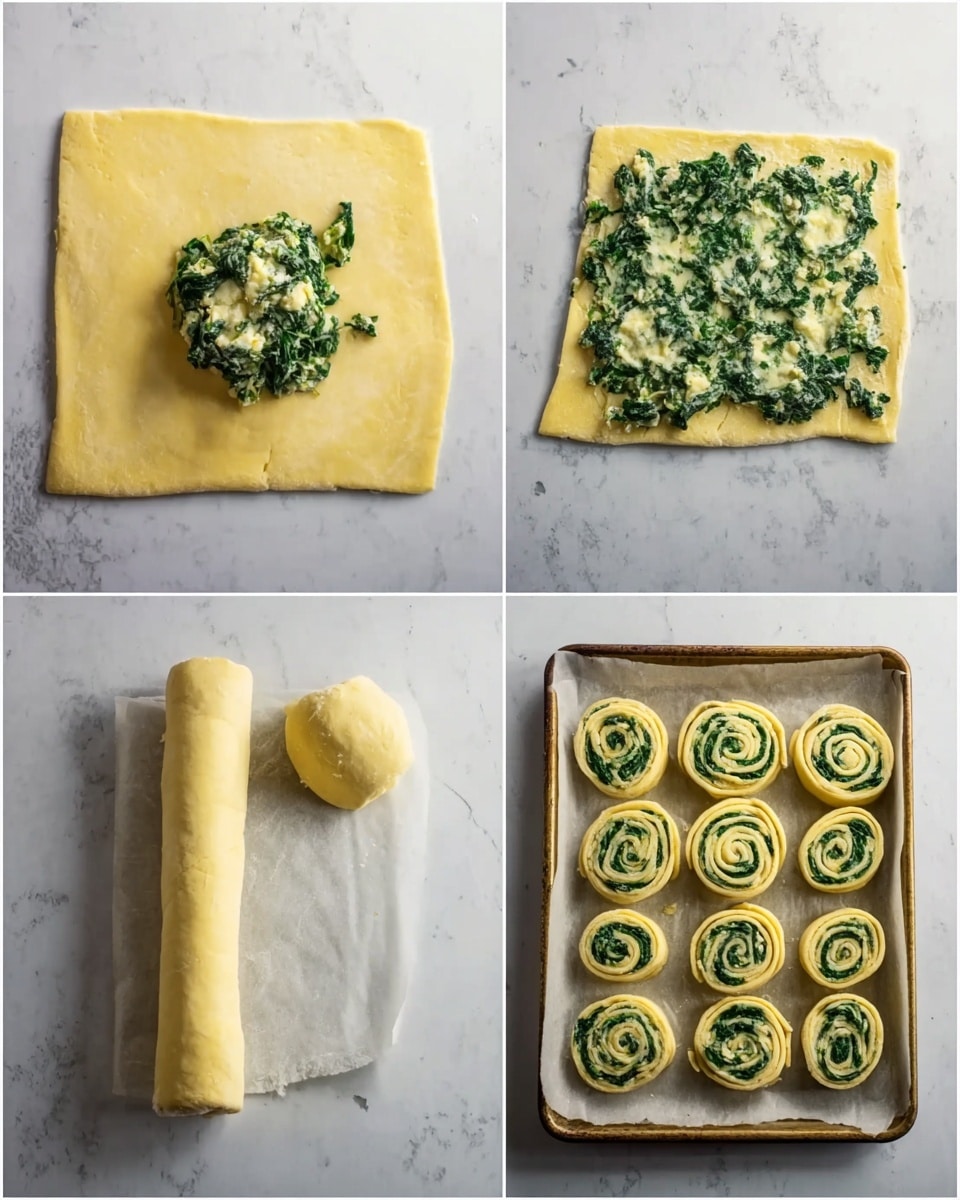 The image shows four steps for making a spinach and cheese pastry on a white marbled surface. The first step shows a square, light yellow dough with a small pile of green spinach and white cheese mixture in the center. The second step shows the dough square spread fully with the green spinach and white cheese mix evenly covering the entire surface. The third step shows the dough being rolled from one edge with spinach and cheese visible on the inside layer, creating a long roll. The last step shows several spiral-shaped pastry pieces placed on a baking tray lined with parchment paper, each spiral showing green and cheese layers visibly swirled inside. Photo taken with an iphone --ar 4:5 --v 7