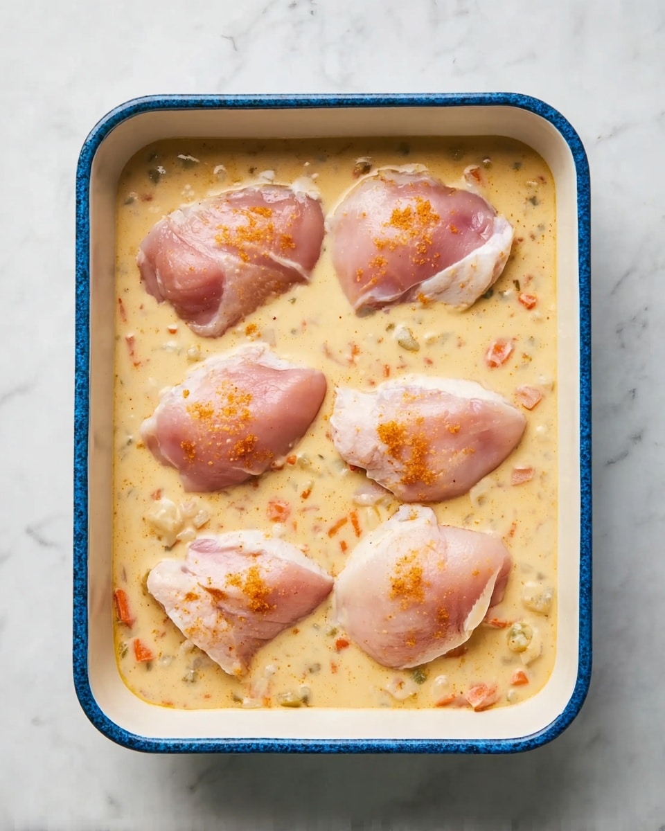 A blue-edged rectangular baking dish filled with a thick, creamy beige sauce that has small bits of vegetables visible throughout. Six pieces of raw pink chicken skin with a light sprinkle of orange seasoning are arranged evenly on top in two rows of three. The dish sits on a white marbled surface, and the image is taken from above. photo taken with an iphone --ar 4:5 --v 7