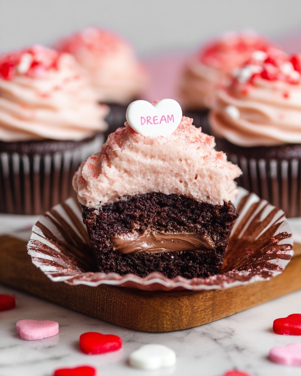 A close-up of a chocolate cupcake with a rich dark brown base that is moist and slightly crumbly. The cupcake is topped with pale pink frosting, creamy and swirled, with a dusting of pink powder. On top of the frosting sits a small white heart-shaped candy with the word