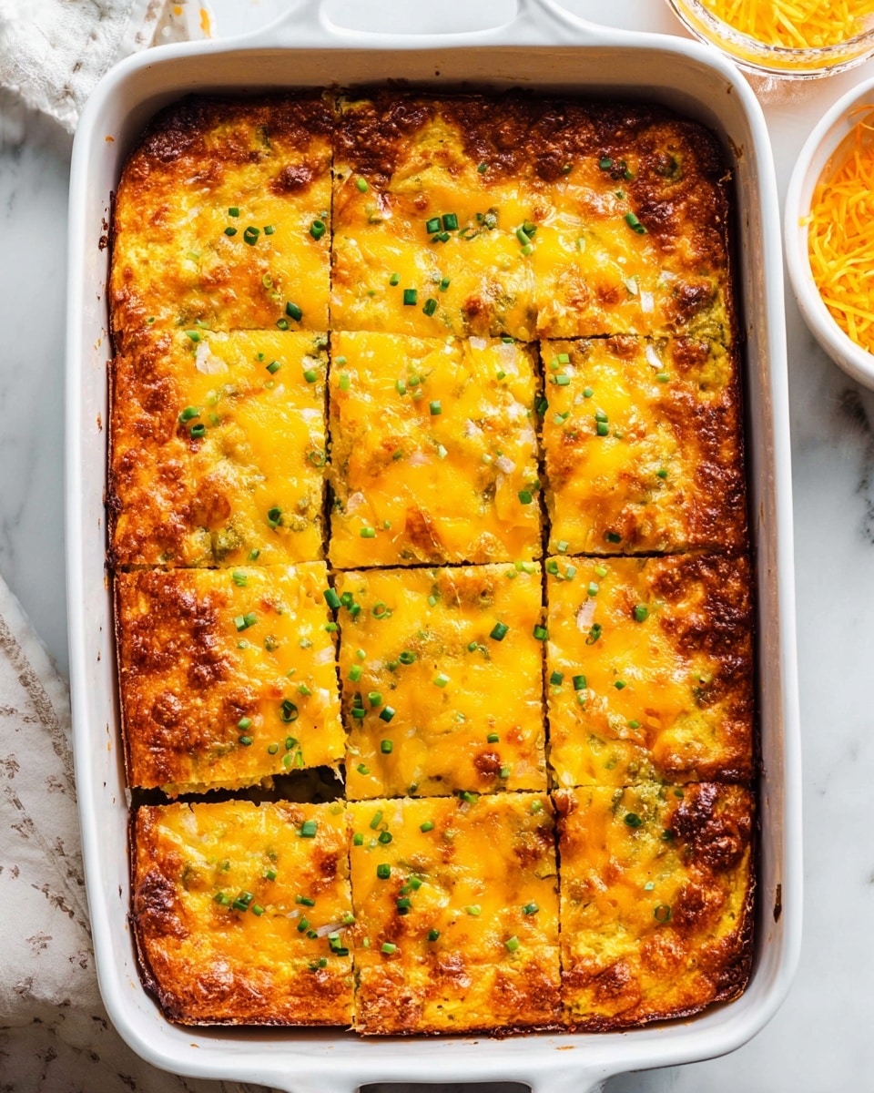 The image shows a white rectangular baking dish with a golden-brown baked casserole inside, divided visually into nine pieces by six knife cuts. The top layer is a melty, slightly browned cheddar cheese with small green chive pieces scattered over it. The edges of the casserole are darker brown and crisp, showing slight bubbling from baking. The casserole appears thick with a rough, textured surface, indicating layers beneath the cheese. The baking dish sits on a white marbled surface with part of a round bowl of grated orange cheese visible on the top right corner. Photo taken with an iphone --ar 4:5 --v 7