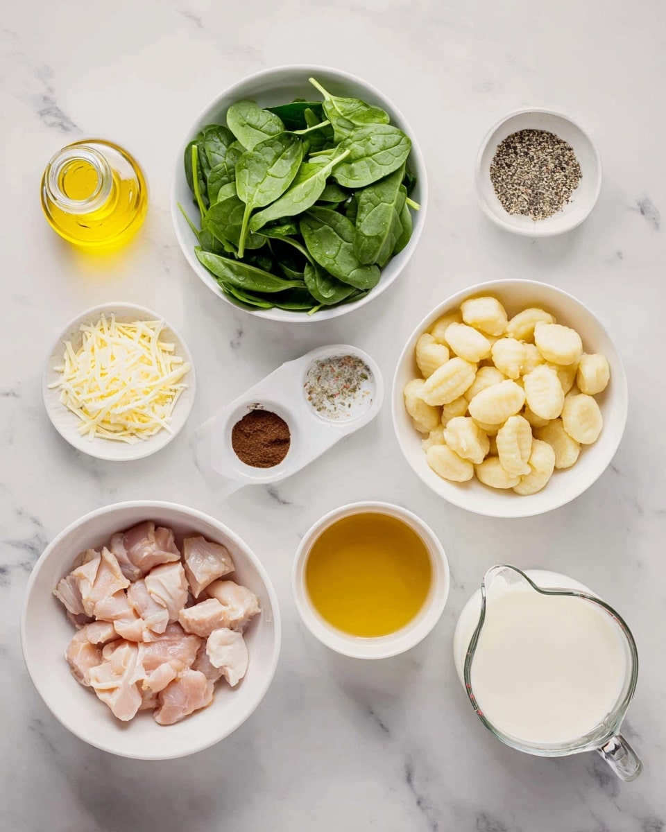 The image shows several white bowls and glass containers arranged on a white marbled surface. Starting from the top left, there is a clear bottle with yellow oil, followed by a white bowl filled with fresh green spinach leaves. To the right, a small white bowl contains salt and black pepper. Next to it is a small white measuring cup filled with shredded cheese. Below, there's a white cup holding a golden-yellow liquid broth. To the right is a small white bowl containing a dark brown paste. On the lower left side, a large white bowl is filled with small, raw light pink chicken pieces. In the center, a white bowl holds pale yellow gnocchi. At the far bottom right, there is a glass measuring jug filled with creamy white milk. All items sit neatly on the clean white marbled surface. Photo taken with an iphone --ar 4:5 --v 7
