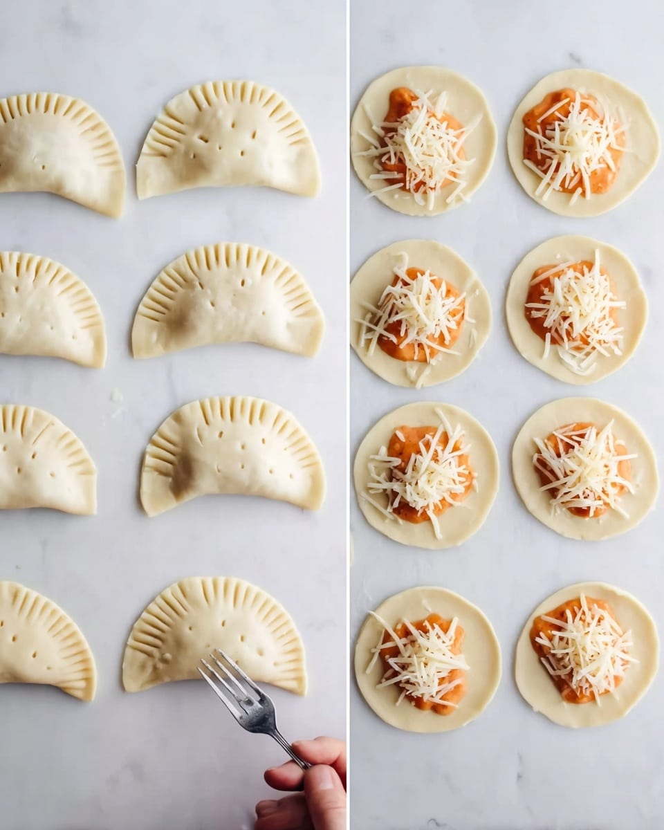 The image shows two steps of making small folded dough snacks on a white marbled surface. On the right side, there are nine round, flat dough pieces arranged in a grid. Each dough circle has an orange filling topped with a small pile of shredded white cheese placed near one edge. On the left side, there are nine folded dough pieces shaped like half moons with crimped edges to seal the filling inside. The folded dough has small slits cut on top for decoration or ventilation. A woman's hand is visible near the bottom holding a fork, ready to press or decorate the edges of the dough. photo taken with an iphone --ar 4:5 --v 7