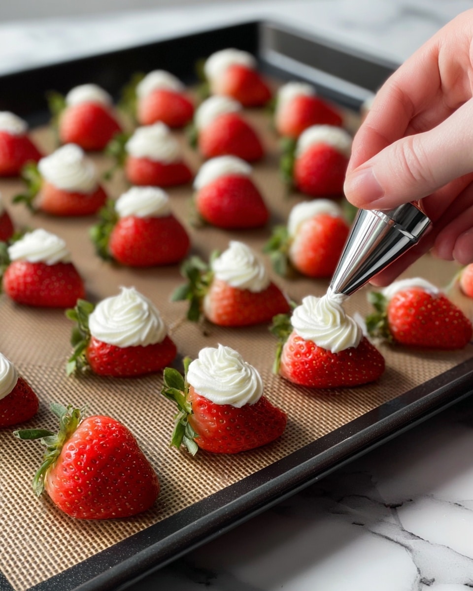 The image shows many red strawberry halves with green tops placed on a dark baking tray lined with a silicone mat. Each strawberry half is filled with white cream being neatly piped from a metal icing nozzle. The focus is on one close-up strawberry held by a person's fingers, while in the background more cream-filled strawberry halves are arranged in neat rows on the tray. The overall colors are bright red, green, white cream, and dark tray against a white marbled surface. photo taken with an iphone --ar 4:5 --v 7