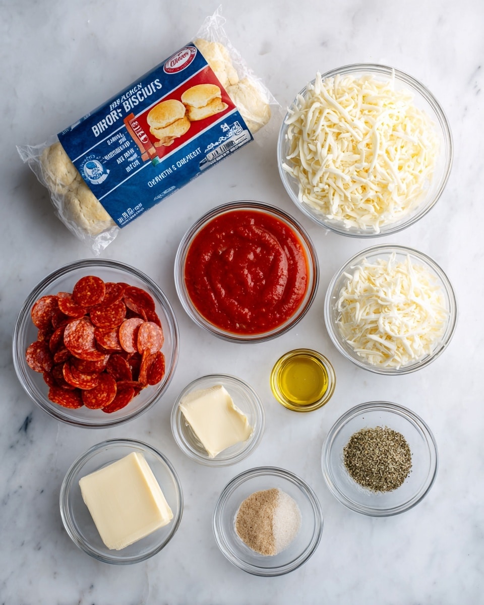 The image shows a white marbled surface with nine small clear glass bowls and one blue and red cylindrical package arranged neatly. The package labeled refrigerated biscuits is at the top left, showing a golden biscuit on it. To its right is a bowl filled with shredded mozzarella cheese, pale yellow in color with a soft texture. Below the biscuits is a bowl of chopped pepperoni, red with a slightly shiny, moist texture. Next to it is a bowl with smooth red pasta sauce. Under the cheese bowl, there is a small bowl of pale yellow butter. To the right of the butter bowl, a tiny bowl contains light brown garlic powder with a fine texture. Below the sauce and pepperoni, there is a bowl with golden olive oil, and next to it two small bowls hold greenish Italian seasoning and a mix of white salt and black pepper. Each item is labeled with a dark text box and white letters. The background is bright and clean. Photo taken with an iphone --ar 4:5 --v 7