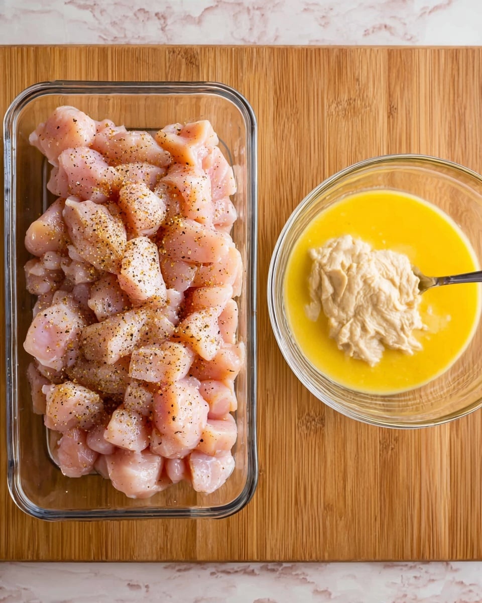 A clear rectangular glass dish filled with many small, light pink pieces of raw chicken seasoned with black pepper, covering the entire dish in a single layer, sits on a wooden surface. Beside it, a clear round glass bowl contains a mix of three ingredients: a white liquid (likely milk), a light beige thick paste, and a bright yellow creamy sauce, all not yet mixed. The background is changed to a white marbled texture. photo taken with an iphone --ar 4:5 --v 7