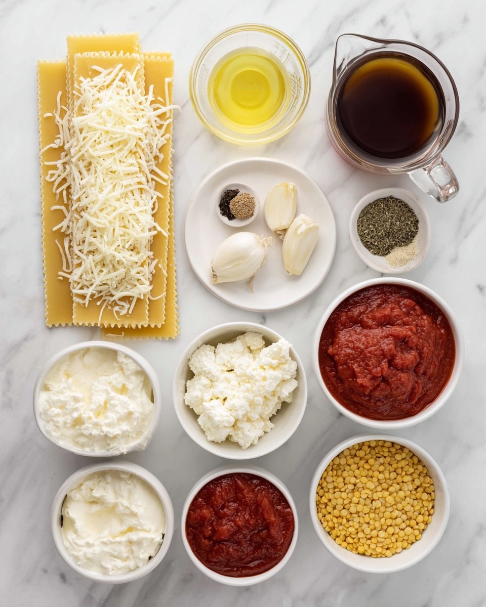 The image shows three uncooked lasagna noodles on the left side, with a white marbled surface underneath. Surrounding the noodles are several small white bowls and a glass cup holding ingredients: shredded white cheese, bright yellow oil, dried herbs and spices with two garlic cloves on a white round plate, light brown broth in a clear glass measuring cup, chopped white onions, a dark red sauce, a bowl of cooked yellow lentils, a bowl of soft white ricotta cheese, a bowl of grated cheese, and a bowl of thick red tomato paste. All items are neatly arranged on the white marbled surface. Photo taken with an iphone --ar 4:5 --v 7