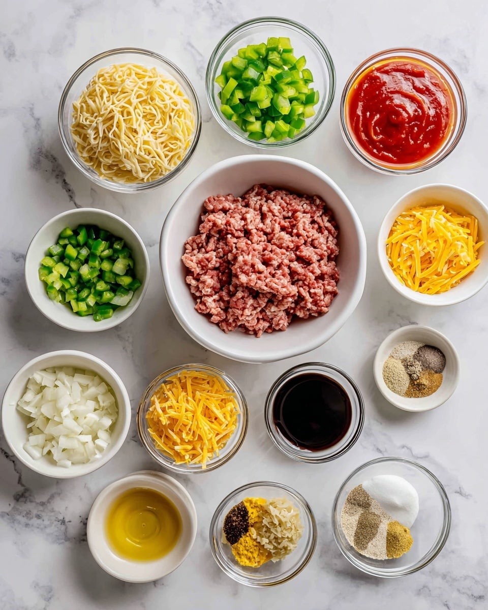 The image shows a variety of cooking ingredients arranged neatly on a white marbled surface. In the center is a white bowl filled with raw ground beef, surrounded by multiple smaller white bowls and clear glass bowls holding chopped green bell pepper, shredded yellow and orange cheese, chopped yellow onion, orzo pasta, and small amounts of yellow mustard mixed with dijon mustard, tomato paste, ketchup, olive oil, soy sauce, Worcestershire sauce, apple cider vinegar, coconut sugar, garlic, chicken broth, and a salt and pepper mix. Each ingredient is clearly labeled with black text on white background tags above or next to the bowls. photo taken with an iphone --ar 4:5 --v 7