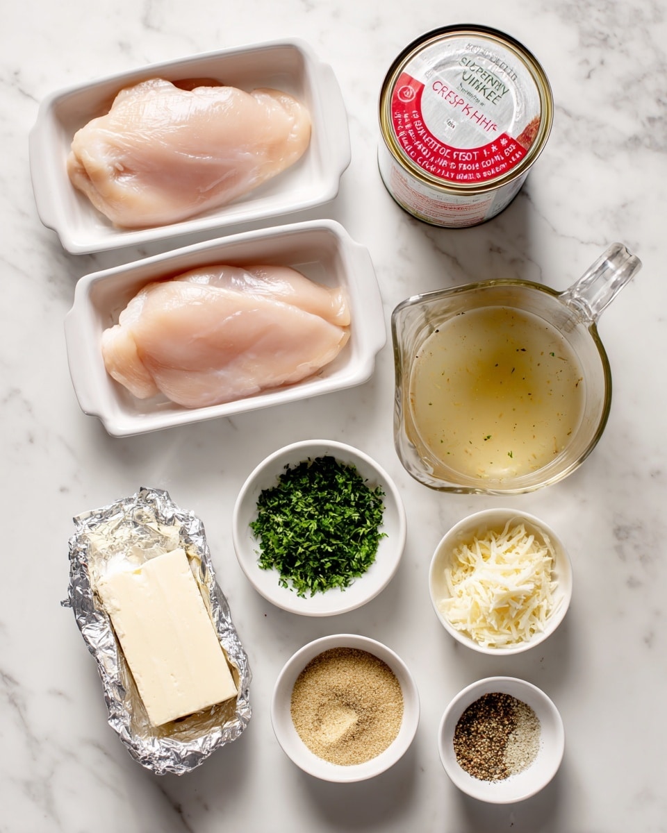 The image shows ingredients for a chicken dish laid out on a white marbled surface. There are two white trays of raw pale pink chicken breasts placed side by side at the top left. To the top right is a white can of cream of chicken soup with a red label. Below the chicken, there is a clear measuring cup with light yellow chicken broth inside, and next to it a silver foil-wrapped block of cream cheese. Around these are five small white bowls: one with green chopped parsley, one with finely grated pale yellow parmesan cheese, one with a tan powder of Italian dressing mix, one with minced pale yellow garlic, and one with mixed black and white pepper. All ingredients are clearly separated and neatly arranged, with soft, even lighting highlighting their natural colors and textures. Photo taken with an iphone --ar 4:5 --v 7