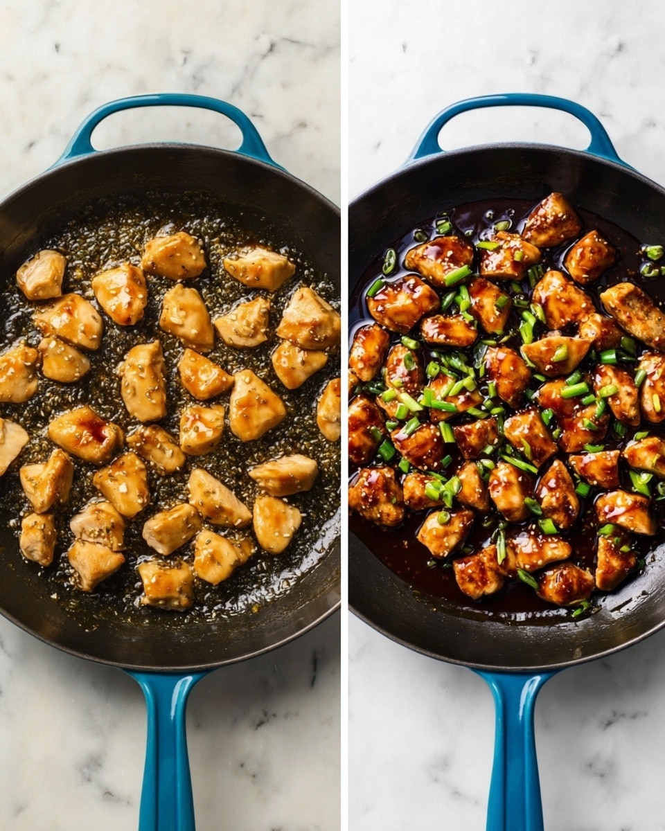 Two images side by side show a black cast iron pan with a blue handle on a white marbled surface. The left image has about 18 small pieces of light golden-brown chicken cooking in oil, with a slightly crispy texture and some bubbling oil around them. The right image shows the same chicken pieces coated in a shiny dark brown sauce, with bright green chopped scallions scattered on top, giving a fresh touch to the glossy, rich dish. photo taken with an iphone --ar 4:5 --v 7