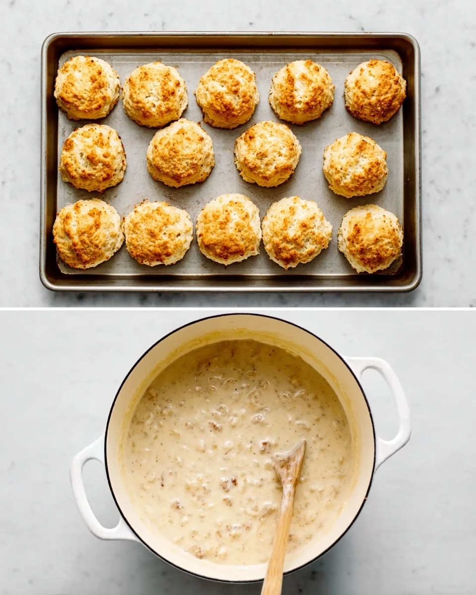 The first image shows a silver baking tray placed on a white marbled surface, holding ten round biscuits arranged in three rows; the biscuits have a golden-brown color with a flaky, textured surface that looks crispy on top. The second image shows a white pot with two handles sitting on the same white marbled surface, filled with thick, creamy gravy mixed with small crumbles of cooked meat, and a wooden spoon stirring the mixture inside the pot. Photo taken with an iphone --ar 4:5 --v 7