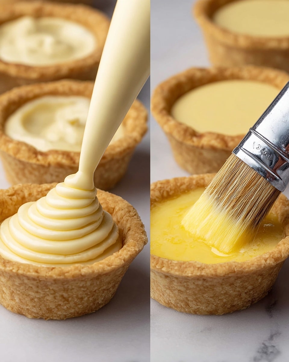 The image shows two close-up views of small tart shells on a white marbled surface, arranged in rows. On the left side, a thick creamy pale yellow filling is being squeezed from a piping bag into a golden brown tart shell, with the creamy filling forming several smooth concentric layers inside the shell. On the right side, the filling is already inside the shells, and a brush with natural bristles is applying a bright yellow egg wash glaze on the surface of the filling in one shell, creating a glossy effect. The tart shells are crisp with a lightly browned texture and hollow centers filled with creamy layers. photo taken with an iphone --ar 4:5 --v 7