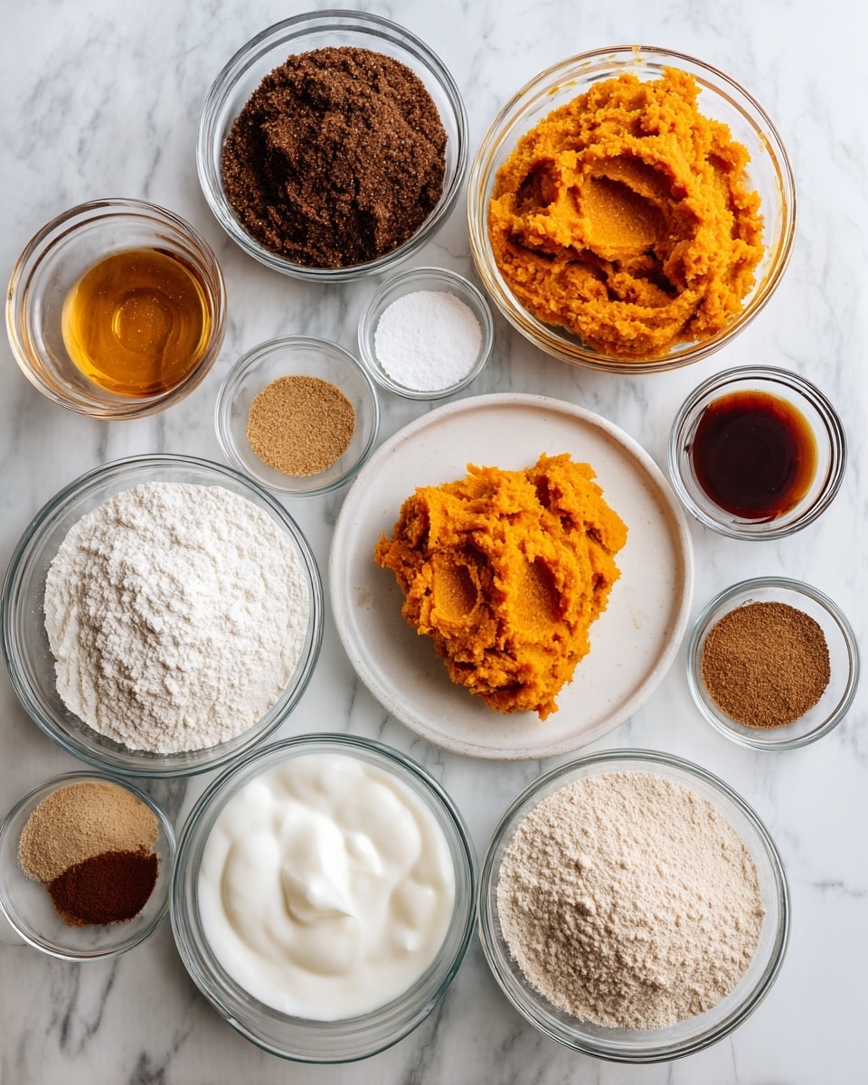 The image shows several clear glass bowls arranged on a white marbled surface, each filled with a different baking ingredient. In the top left, there is a bowl filled with dark brown sugar, next to a small bowl with a light brown vanilla extract. Toward the center, a white plate holds bright orange pumpkin puree with a smooth yet slightly chunky texture. Surrounding it, there are bowls of white flour, a mix of baking soda and baking powder in small clear bowls, and a small dish of maple syrup with a deep amber color. At the bottom, a larger bowl contains frothy aquafaba, and another bowl holds creamy white vegan buttermilk. Lastly, a small bowl near the center contains a mix of dark and light brown pumpkin spice powders. Photo taken with an iphone --ar 4:5 --v 7