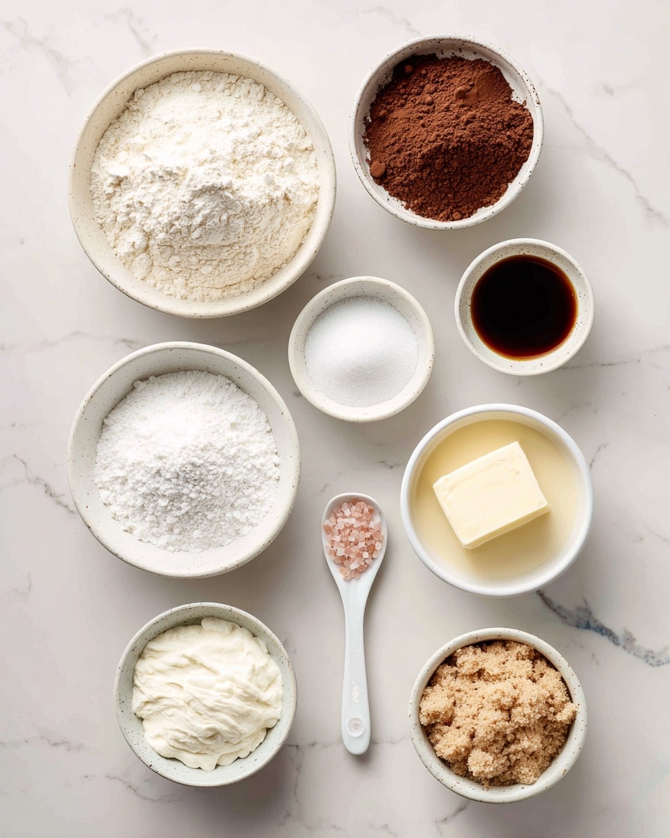 A top-down view shows nine white bowls and one white spoon arranged on a white marbled surface. At the top left, a large bowl is filled with light, powdery flour. To its right is a bowl of rich brown cocoa powder. Below the flour is a small bowl with white baking powder and soda. Centered below these is a medium bowl filled with granulated white sugar. To the right of this is a small bowl of dark brown liquid vanilla. Next to vanilla is a white spoon holding a small amount of pink salt. At the bottom left is a bowl of white powdered sugar with a soft, powdery texture. At the bottom center is a bowl with pale non-dairy milk. To the right is a bowl filled with crumbly light brown sugar. Finally, at the bottom left, a bowl contains smooth, creamy vegan butter in a pale yellow shade. All bowls have a simple white design with slight speckles. The setting is bright and clean with a white marbled background. Photo taken with an iphone --ar 4:5 --v 7
