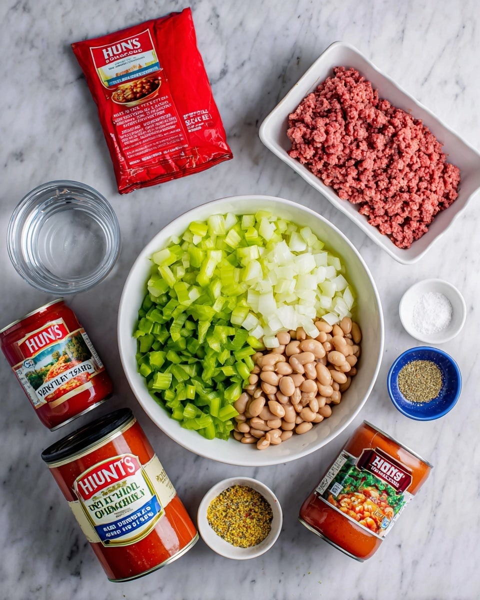 A white bowl filled with three sections of chopped vegetables: bright green celery, pale green bell pepper, and white onion sits on a white marbled surface. Surrounding the bowl are various ingredients including an unwrapped rectangular white dish holding raw ground beef, a small clear glass bowl of water, a red packet of McCormick mild chili seasoning, a can of Hunt's stewed tomatoes, a small blue bowl filled with white granular salt, three cans of beans (two Bush's Best kidney beans and pinto beans), a can of Ro*Tel diced tomatoes and green chilies, a can of Hunt's tomato sauce, and a small white bowl with dry spices showing yellow, white, and dark specks. All items are arranged neatly on the white marbled surface. Photo taken with an iphone --ar 4:5 --v 7